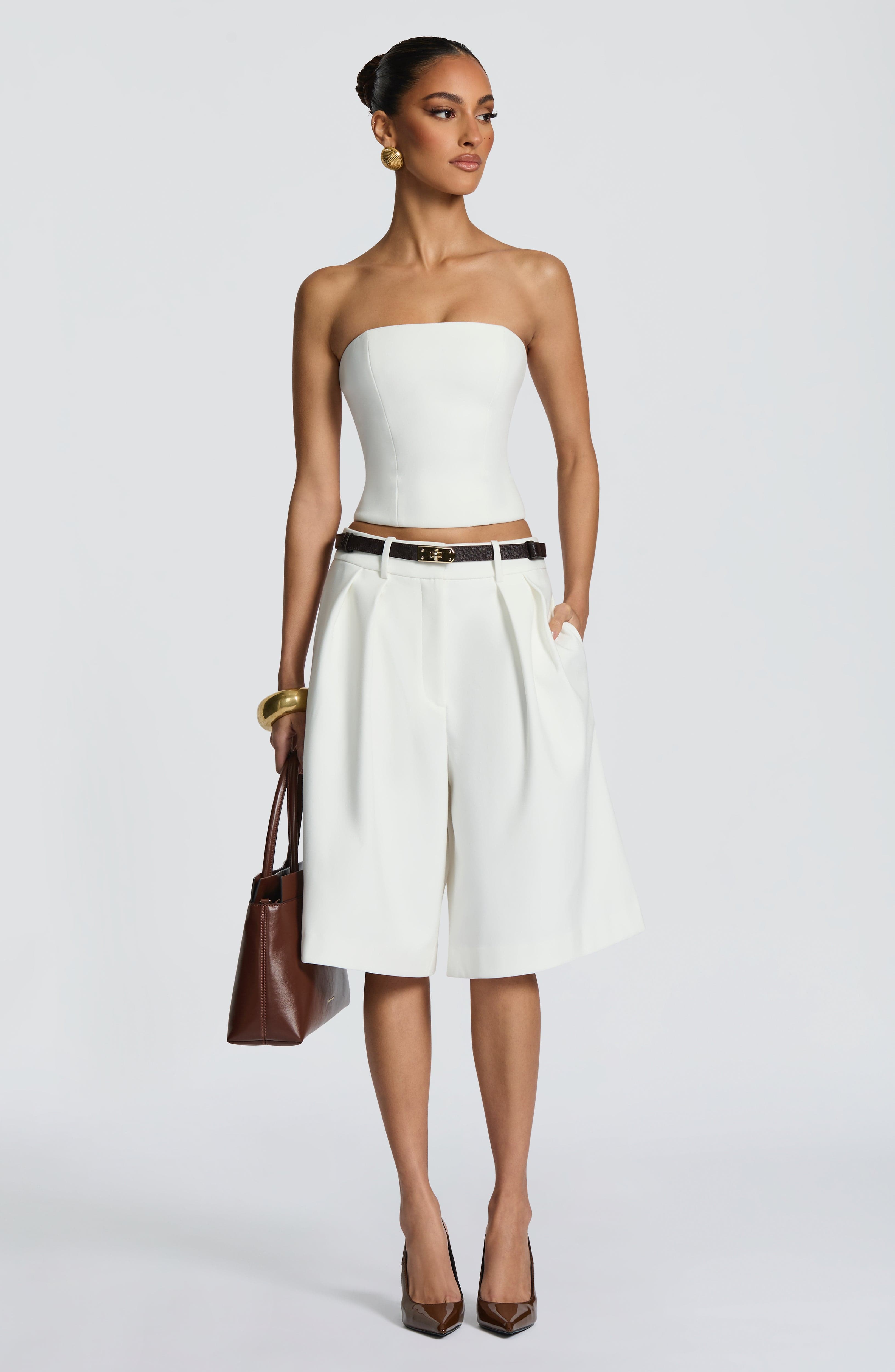 Ausra - Ivory tailored pleated wide-leg bermuda shorts