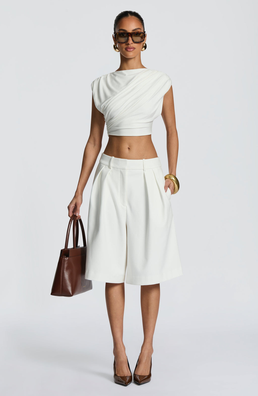 Ausra - Ivory tailored pleated wide-leg bermuda shorts
