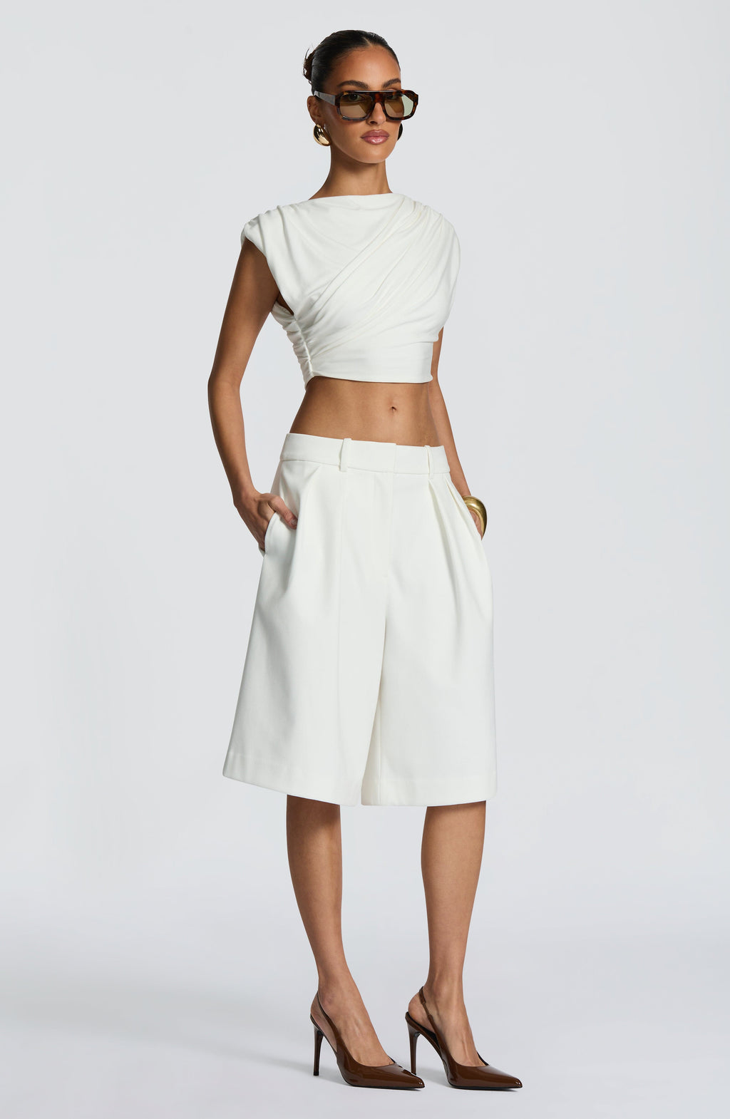 Ausra - Ivory tailored pleated wide-leg bermuda shorts