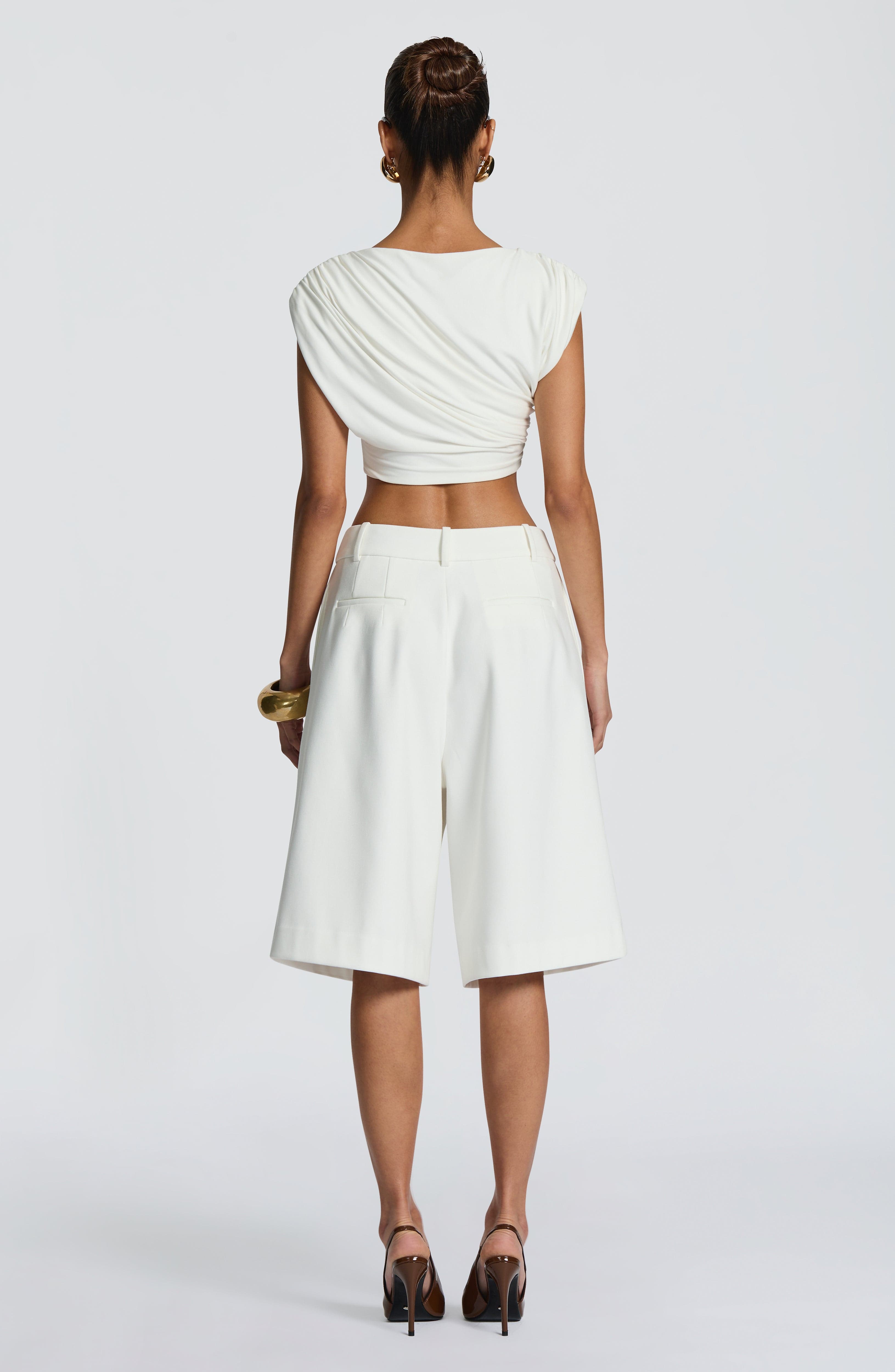 Ausra - Ivory tailored pleated wide-leg bermuda shorts
