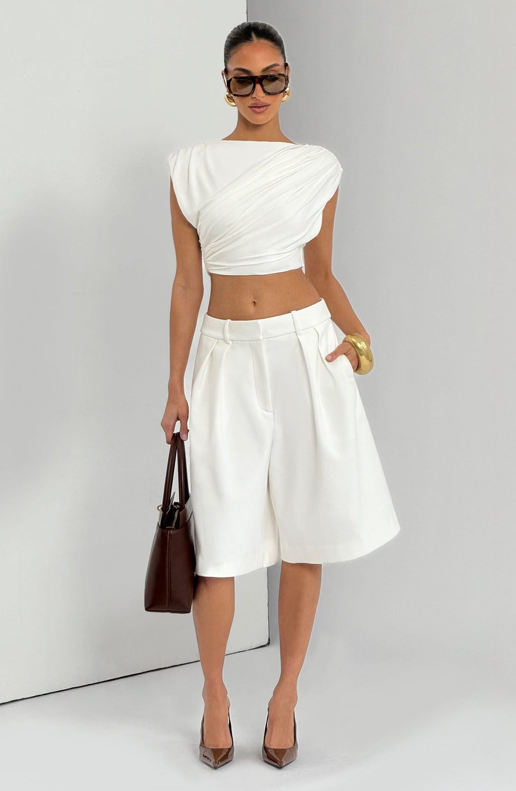 Ausra - Ivory tailored pleated wide-leg bermuda shorts