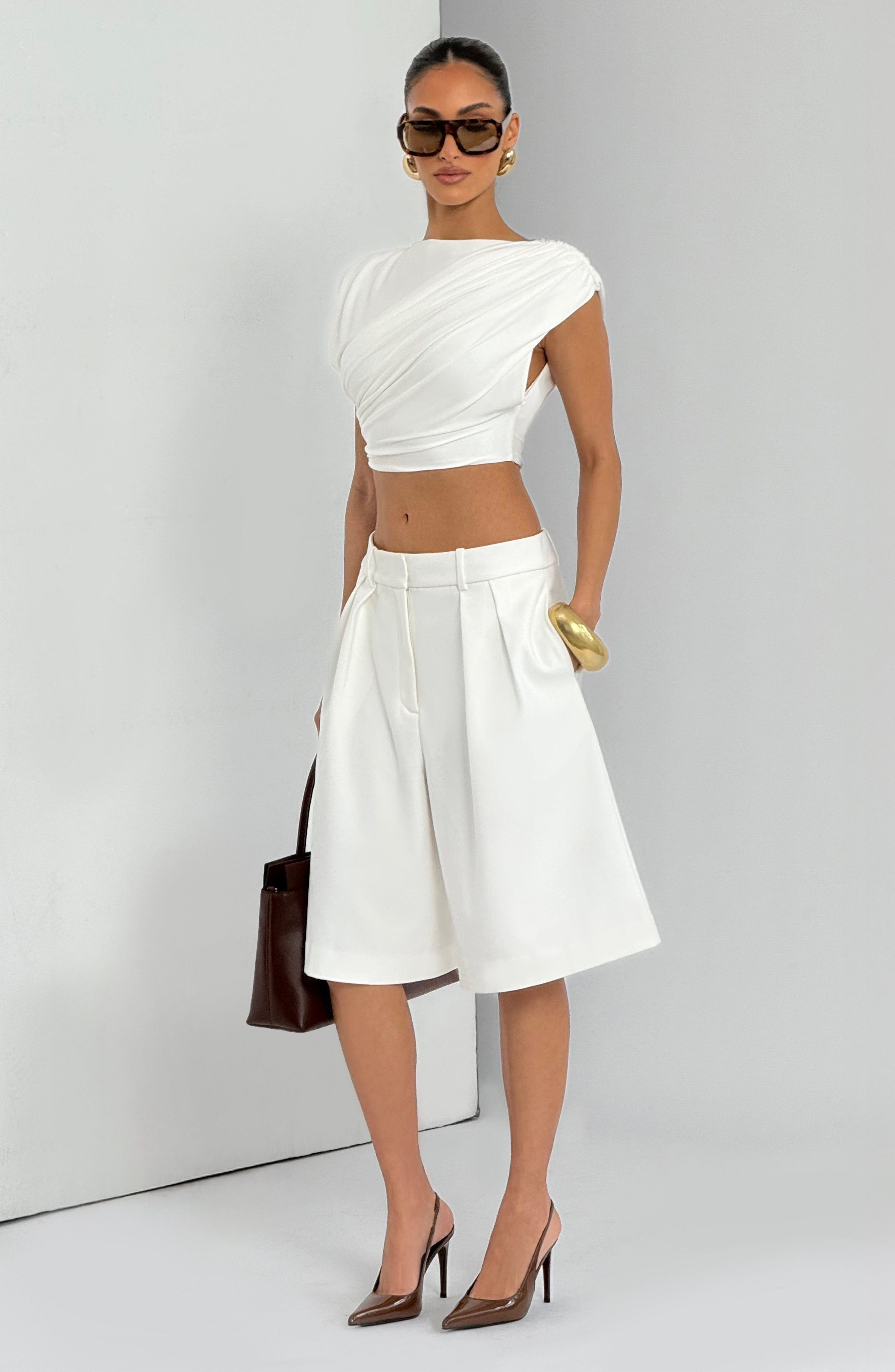 Ausra - Ivory tailored pleated wide-leg bermuda shorts