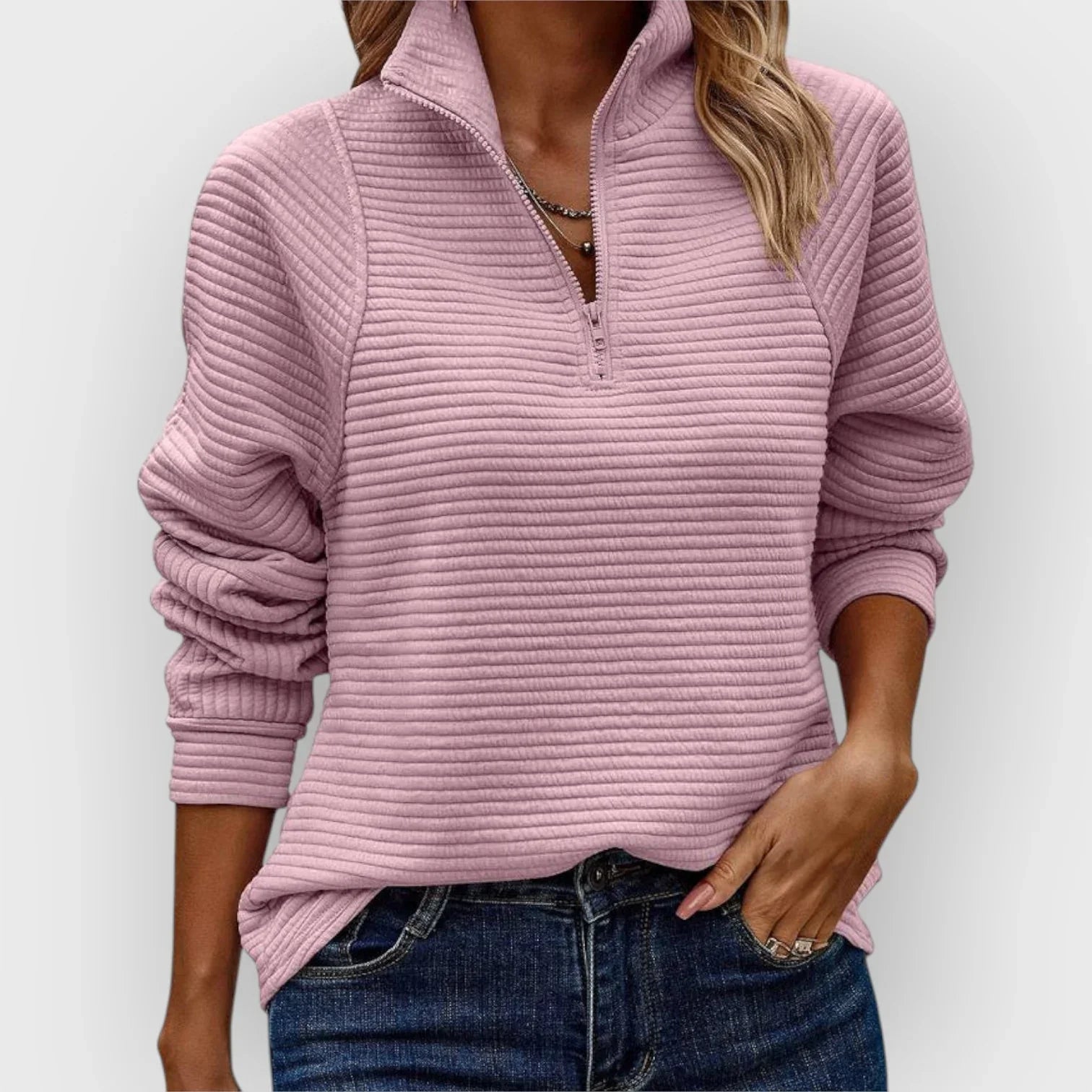 Janet - Ribbed texture half-zip funnel neck jumper