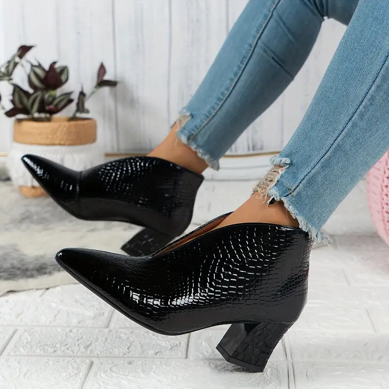 The Valentina - Croco-embossed V-cut pointed ankle boots