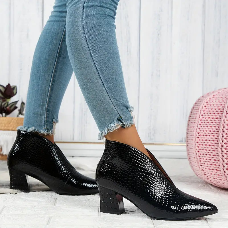 The Valentina - Croco-embossed V-cut pointed ankle boots