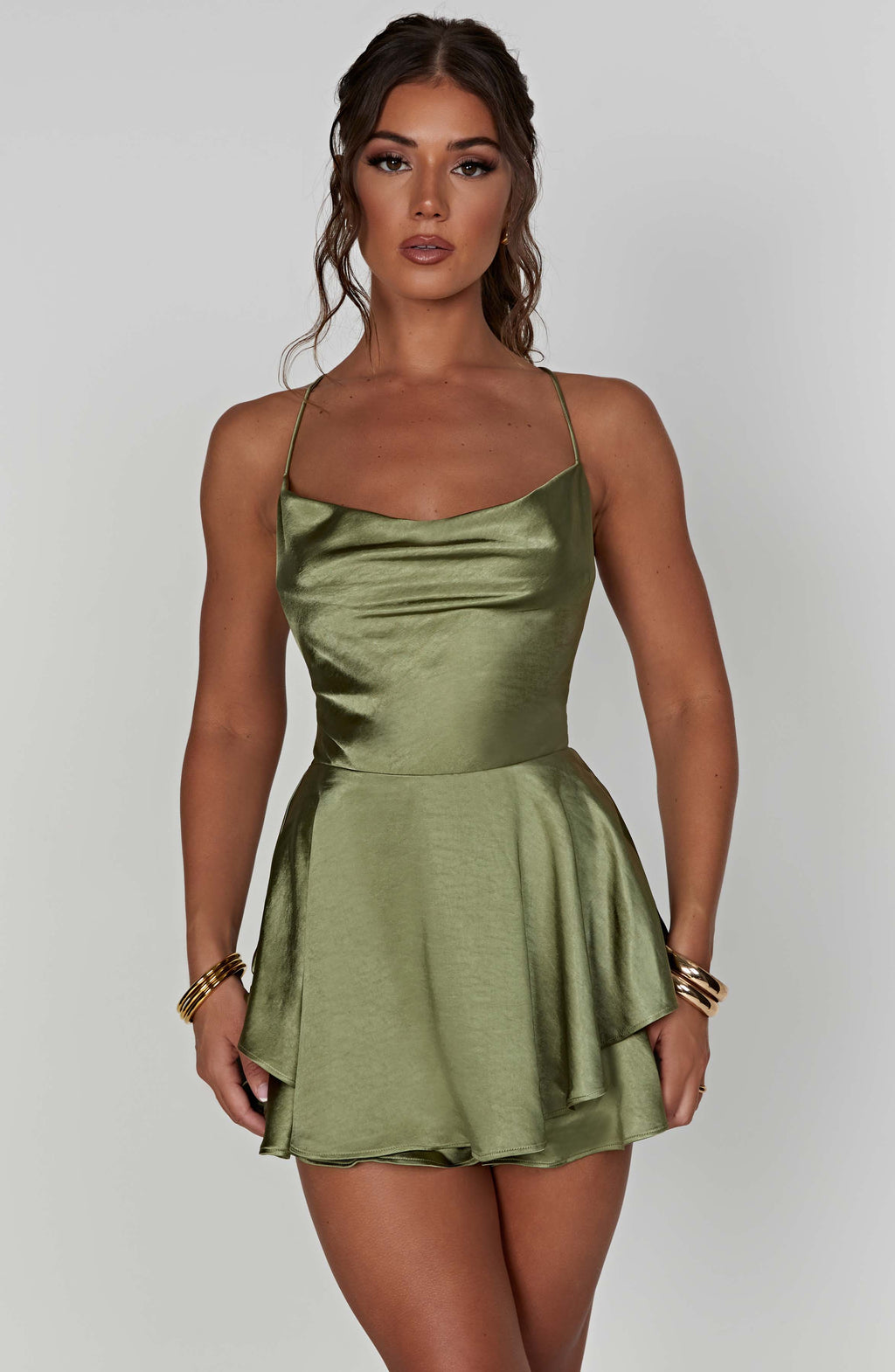 Florence - Khaki satin cowl neck frill playsuit