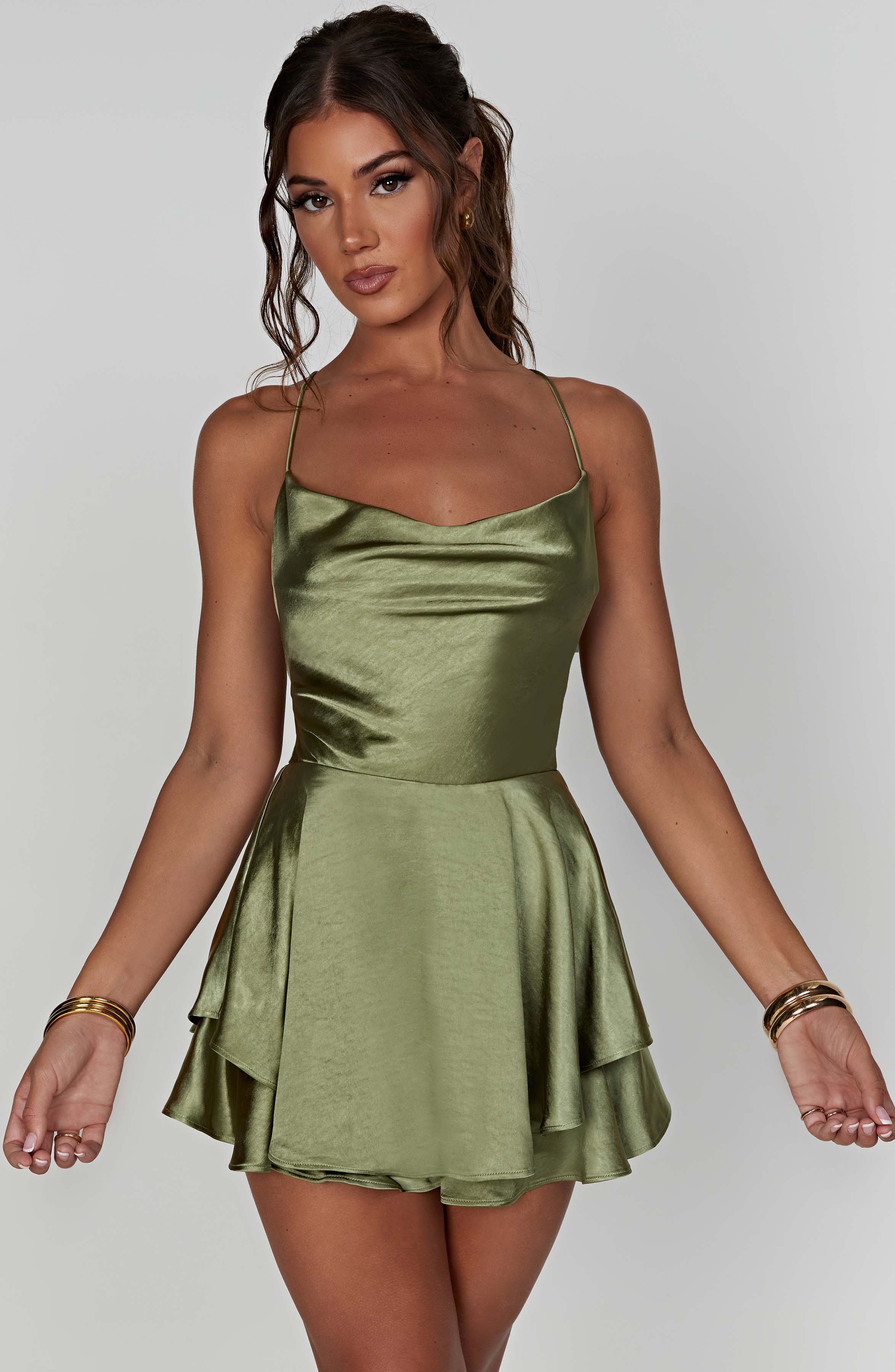 Florence - Khaki satin cowl neck frill playsuit