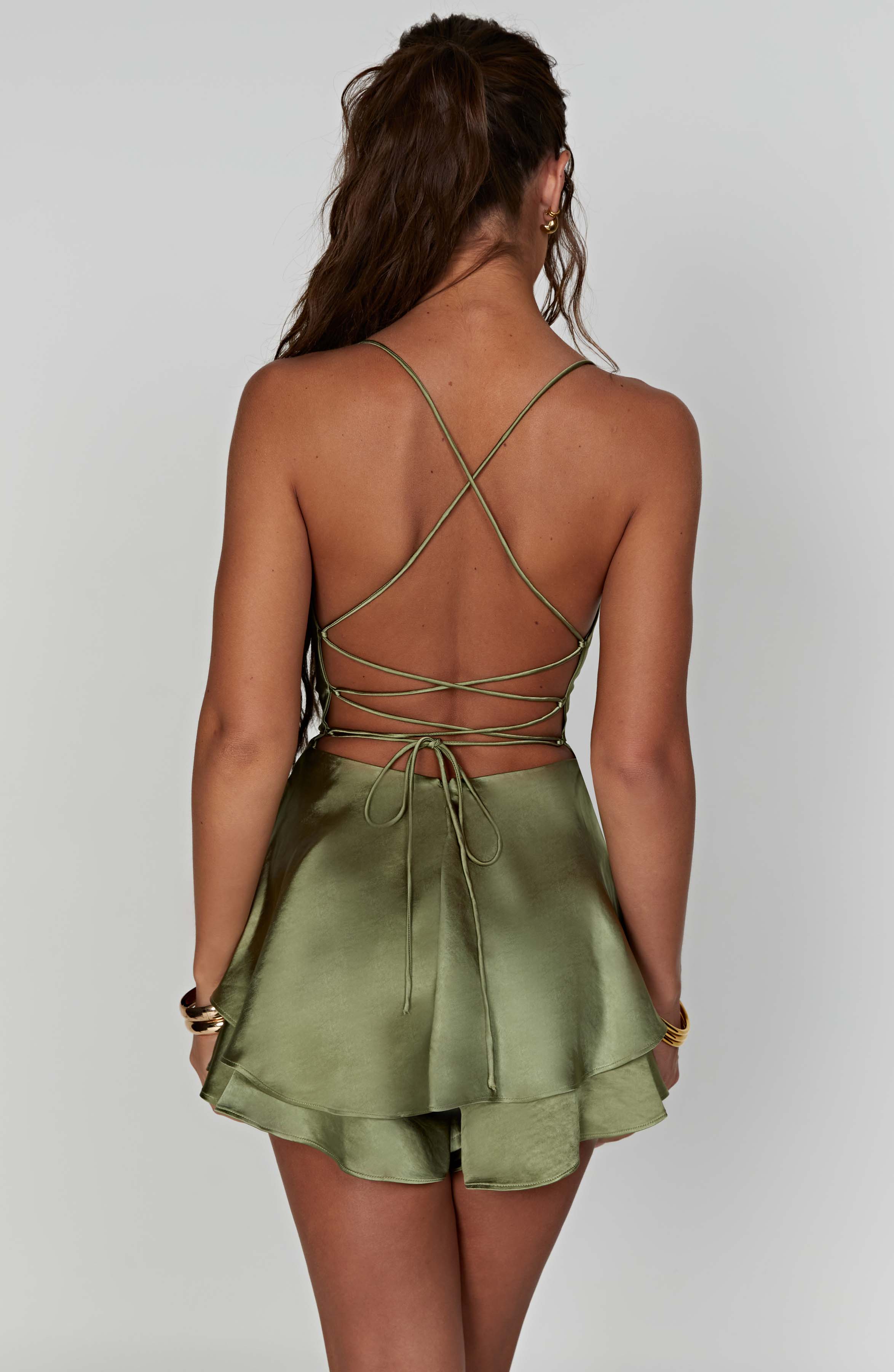Florence - Khaki satin cowl neck frill playsuit