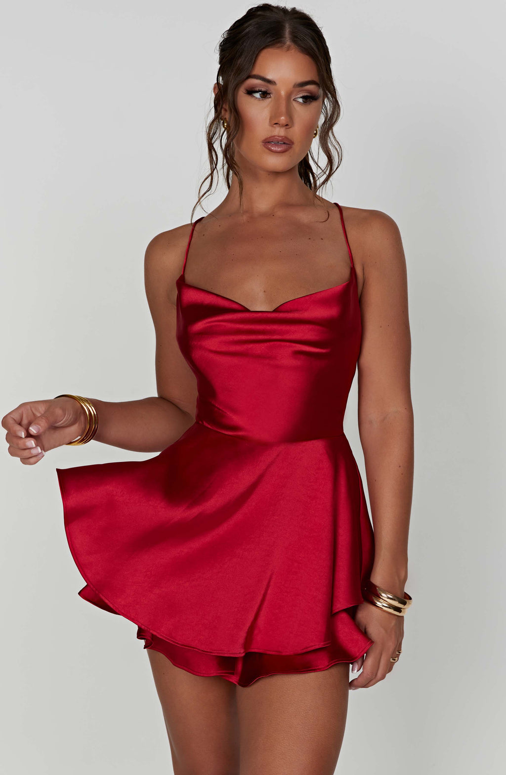 Florence - Red satin cowl neck frill playsuit