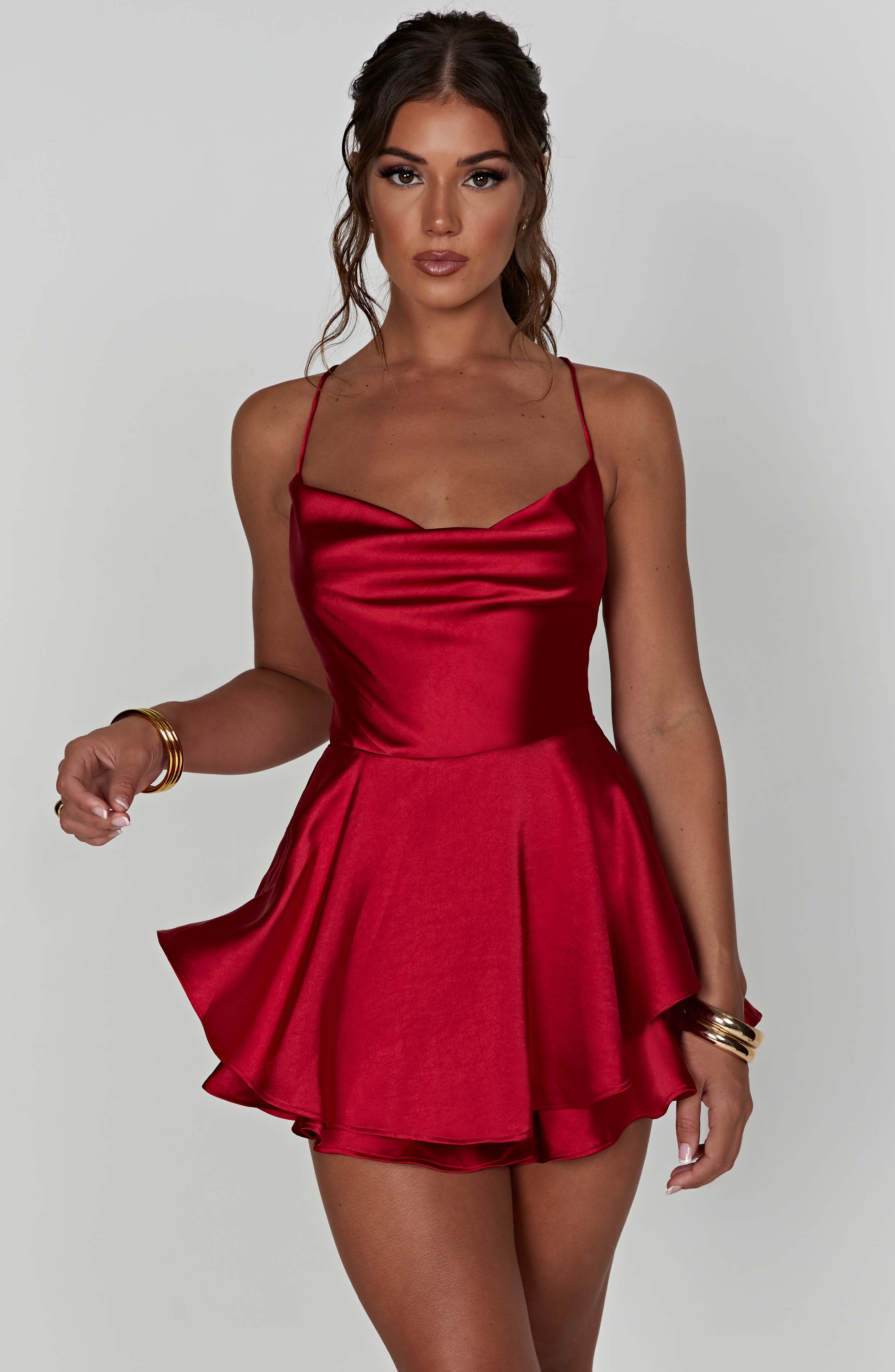 Florence - Red satin cowl neck frill playsuit