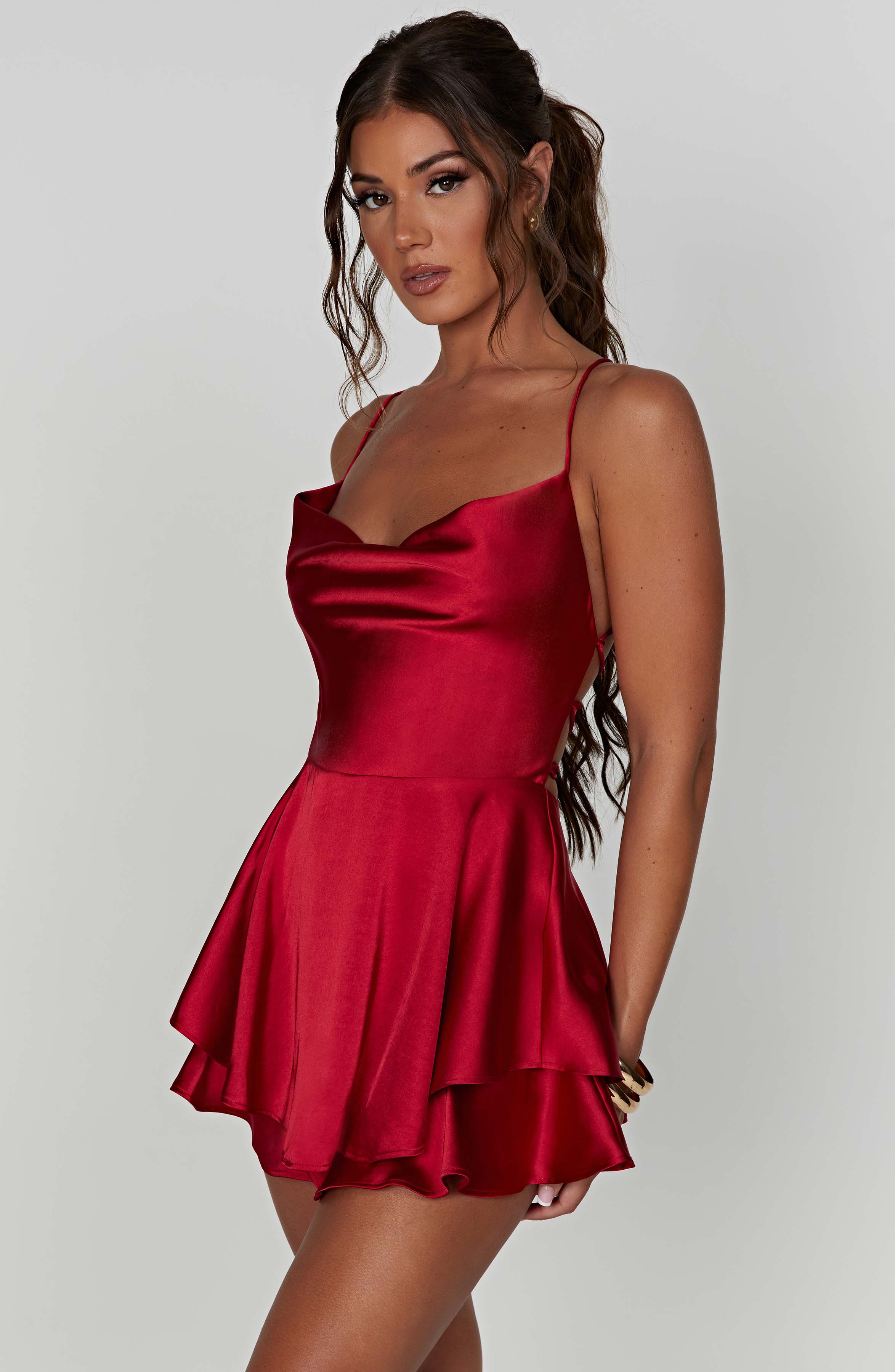 Florence - Red satin cowl neck frill playsuit