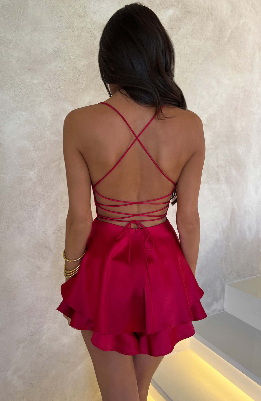 Florence - Red satin cowl neck frill playsuit