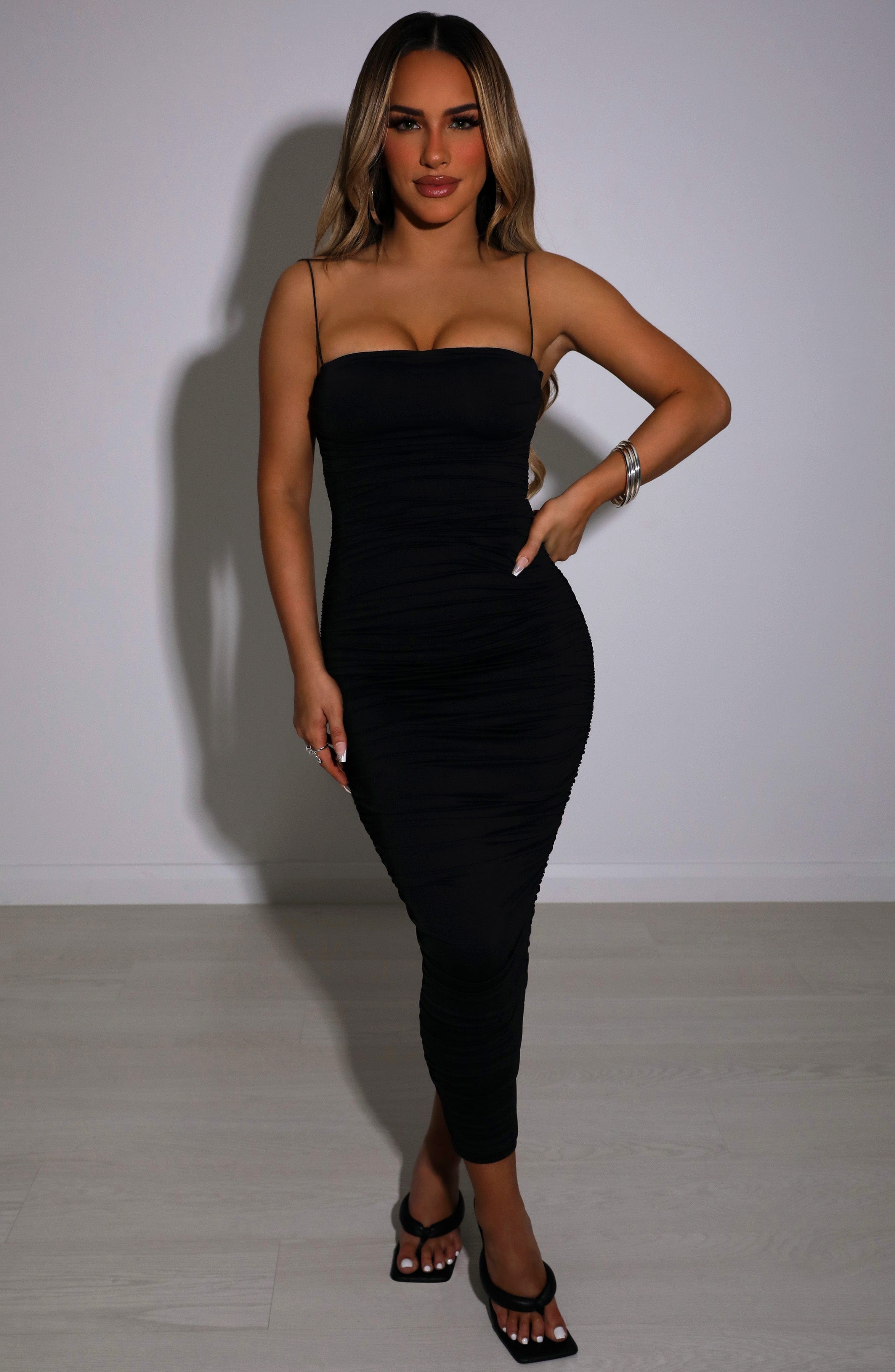 Haven - Black ruched bodycon midi dress