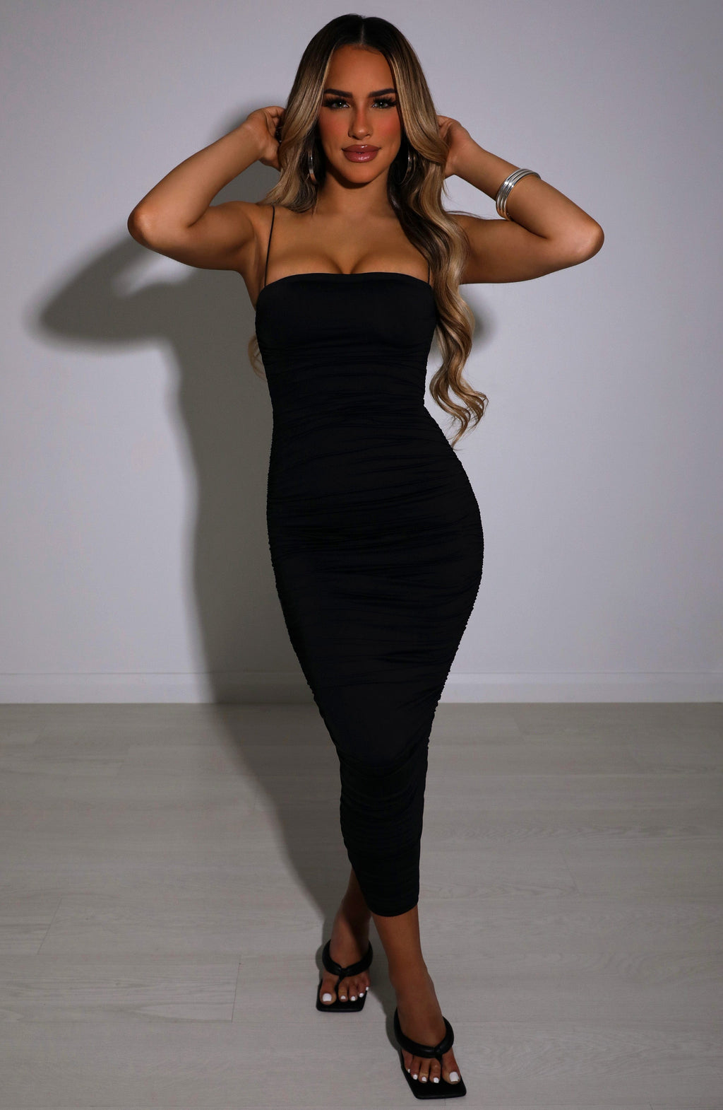 Haven - Black ruched bodycon midi dress