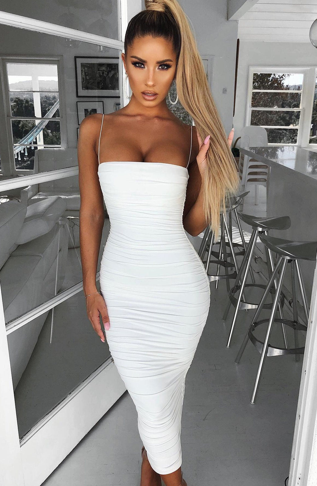 Haven - White ruched bodycon midi dress