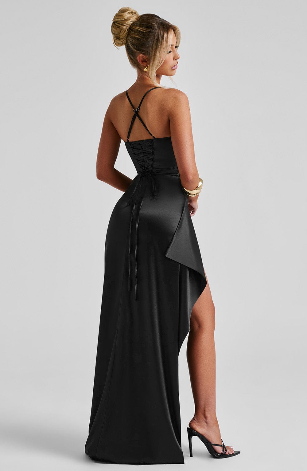 Helen - Black satin cowl neck split maxi dress