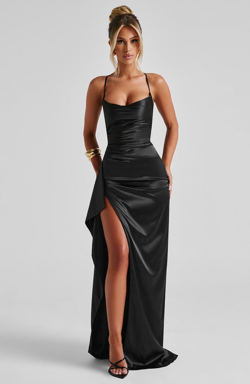 Helen - Black satin cowl neck split maxi dress