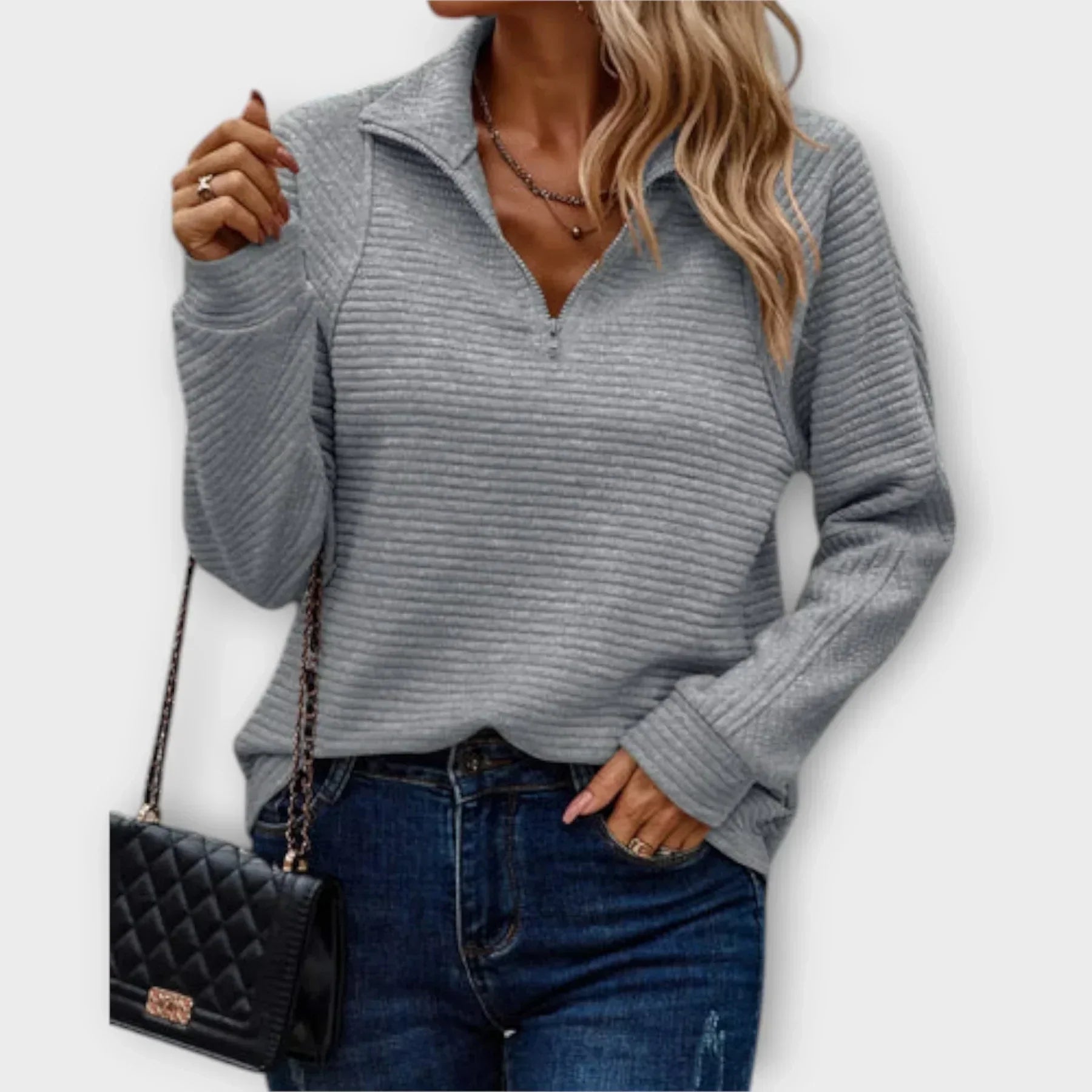 Janet - Ribbed texture half-zip funnel neck jumper
