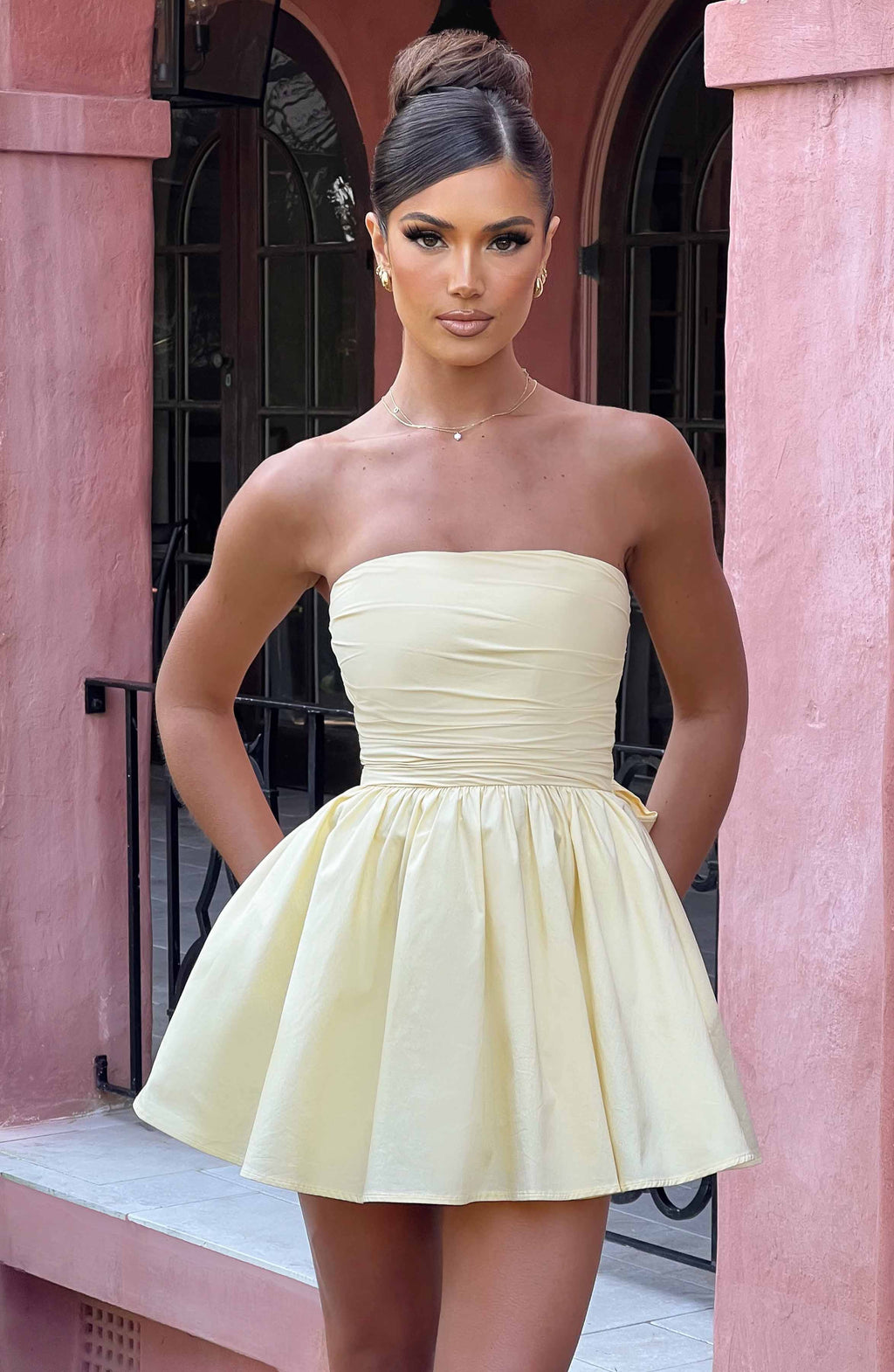 Katrina - Lemon strapless ruched mini dress with bow