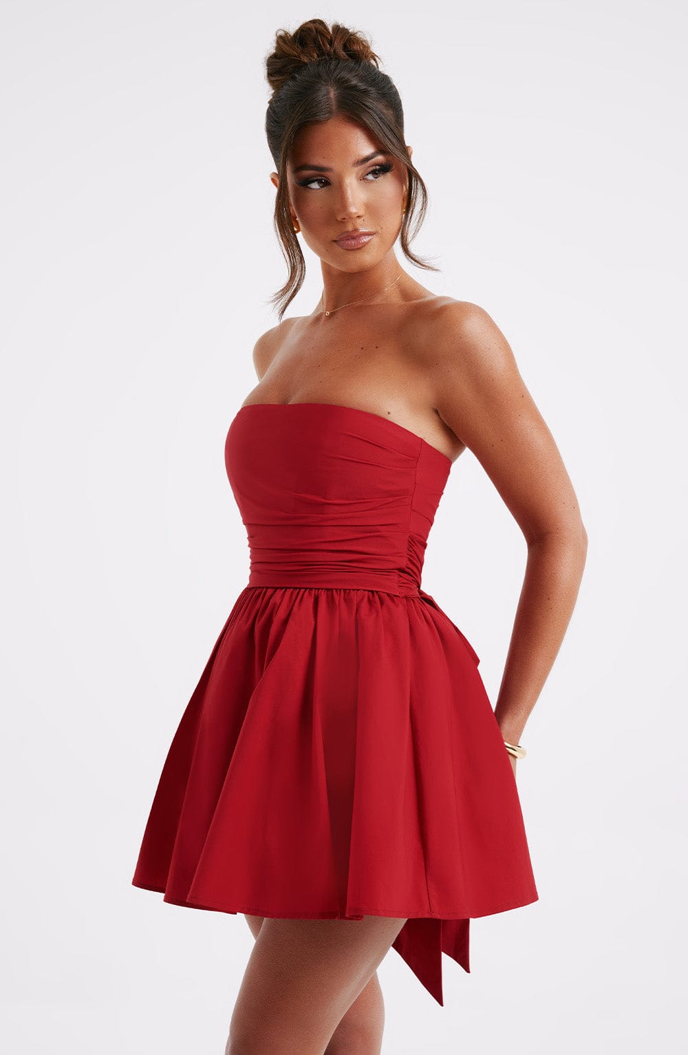 Katrina - Red strapless ruched mini dress with bow