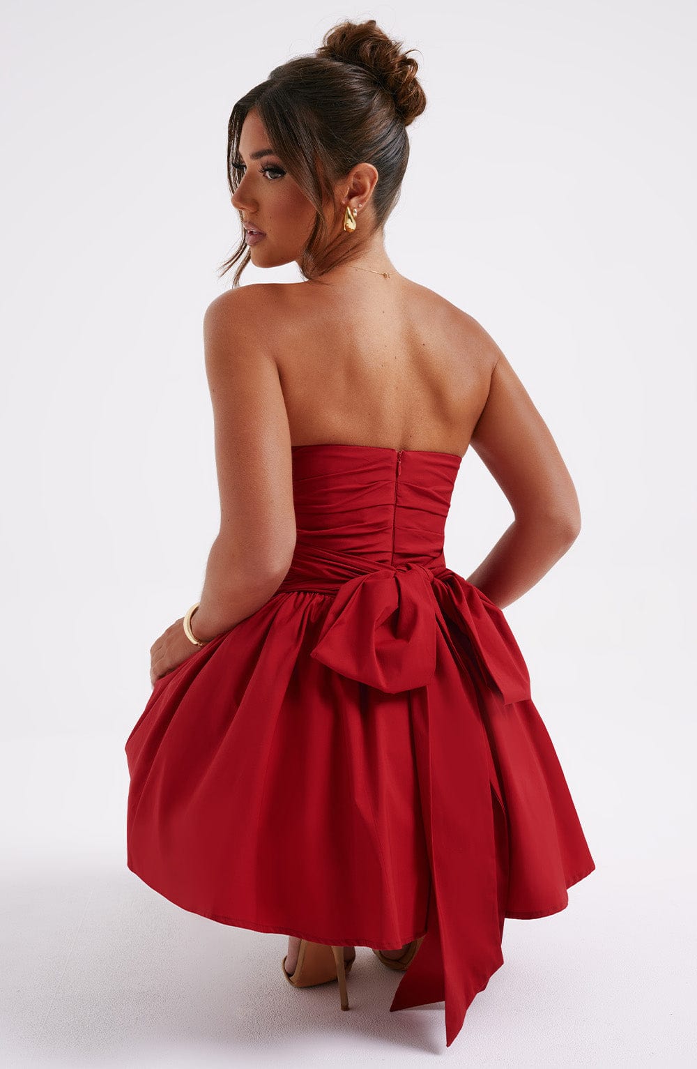 Katrina - Red strapless ruched mini dress with bow