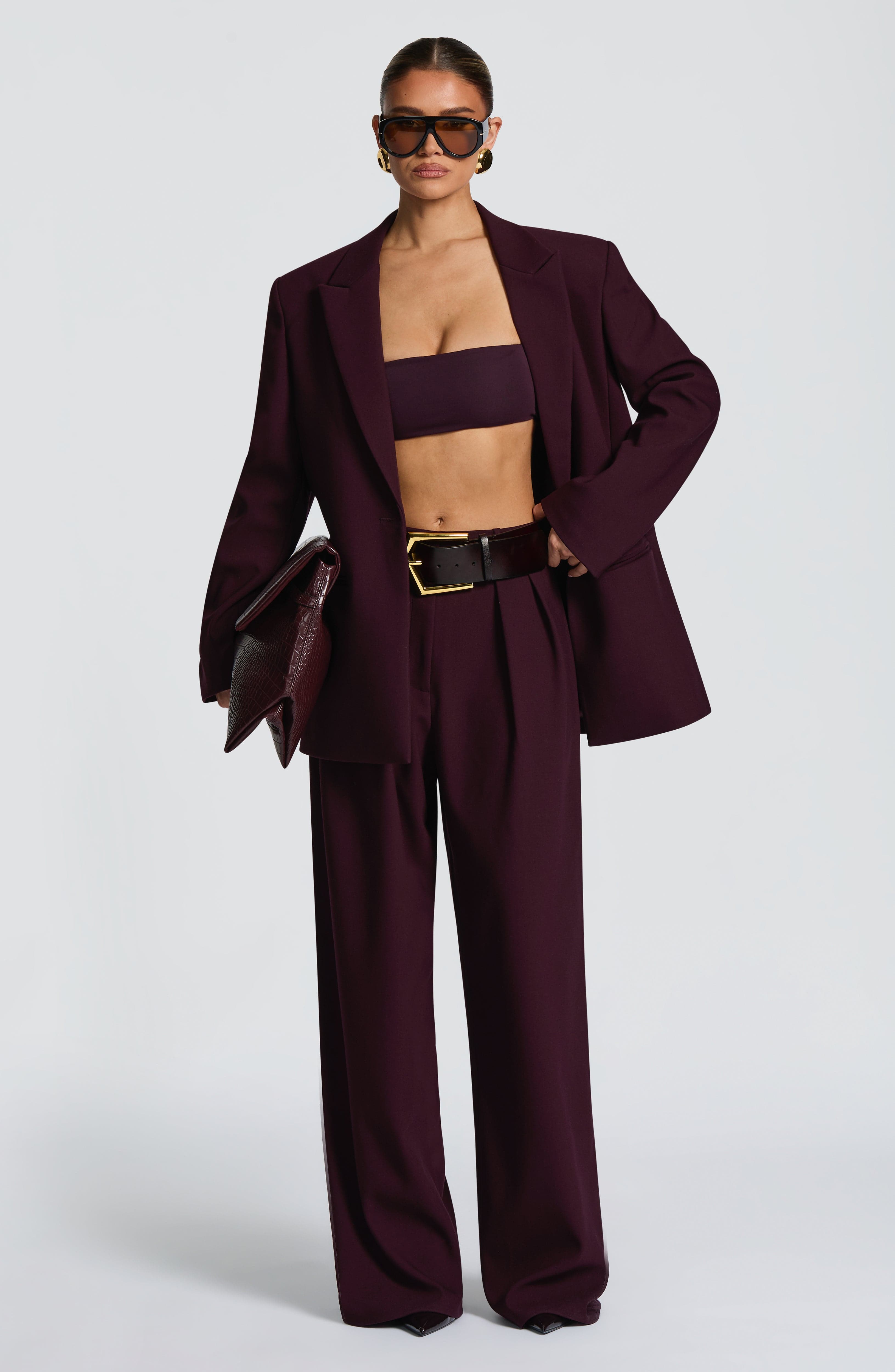 Kirsty - Plum pleated low-rise wide-leg trousers