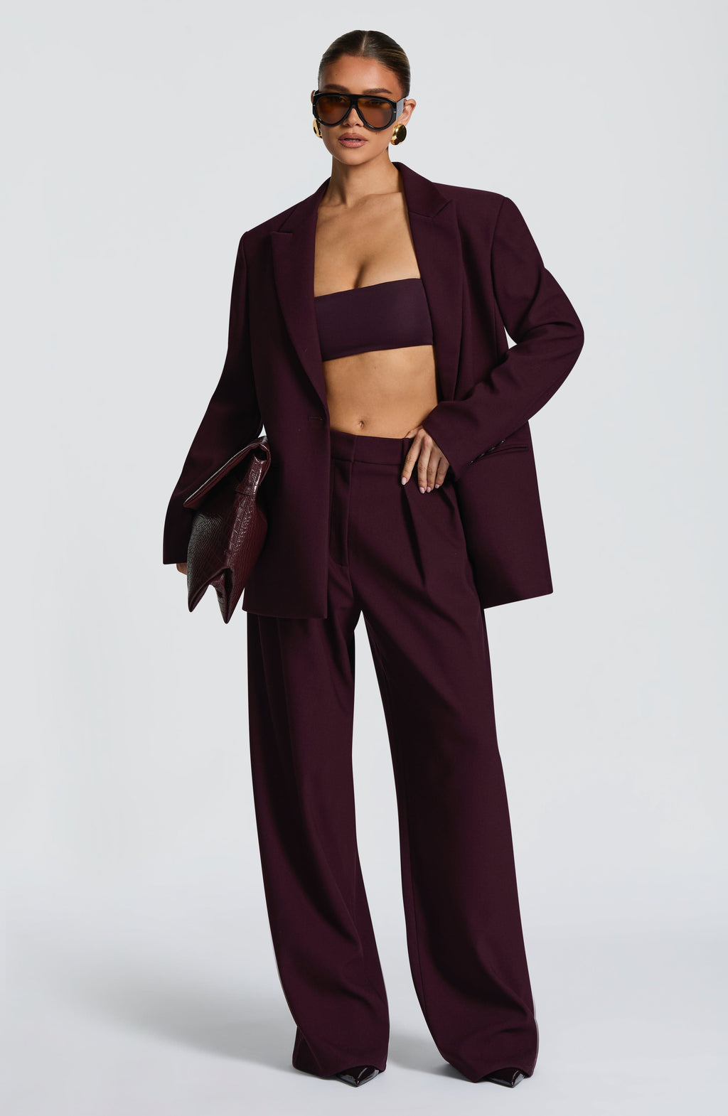 Kirsty - Plum pleated low-rise wide-leg trousers