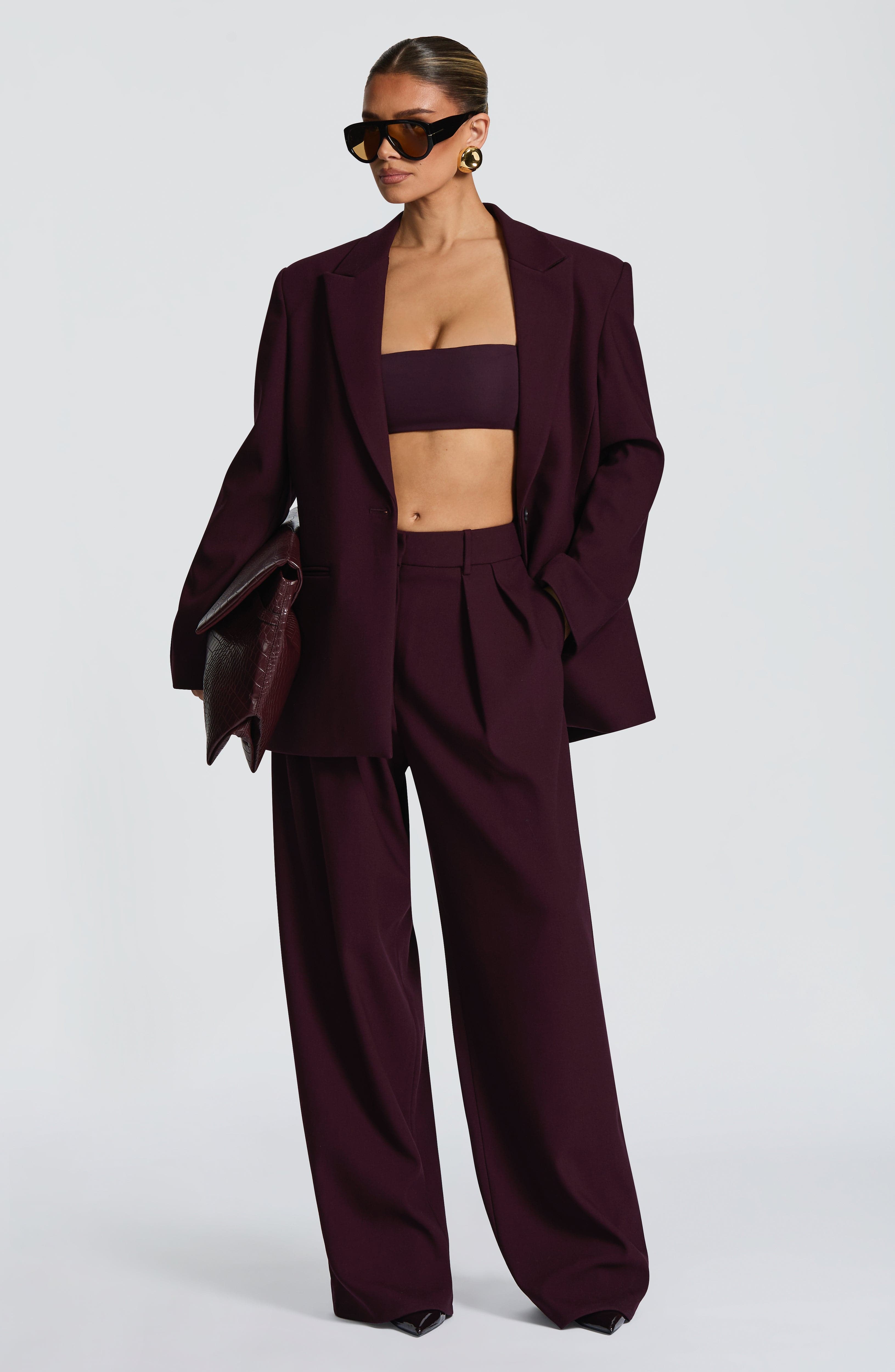 Kirsty - Plum pleated low-rise wide-leg trousers