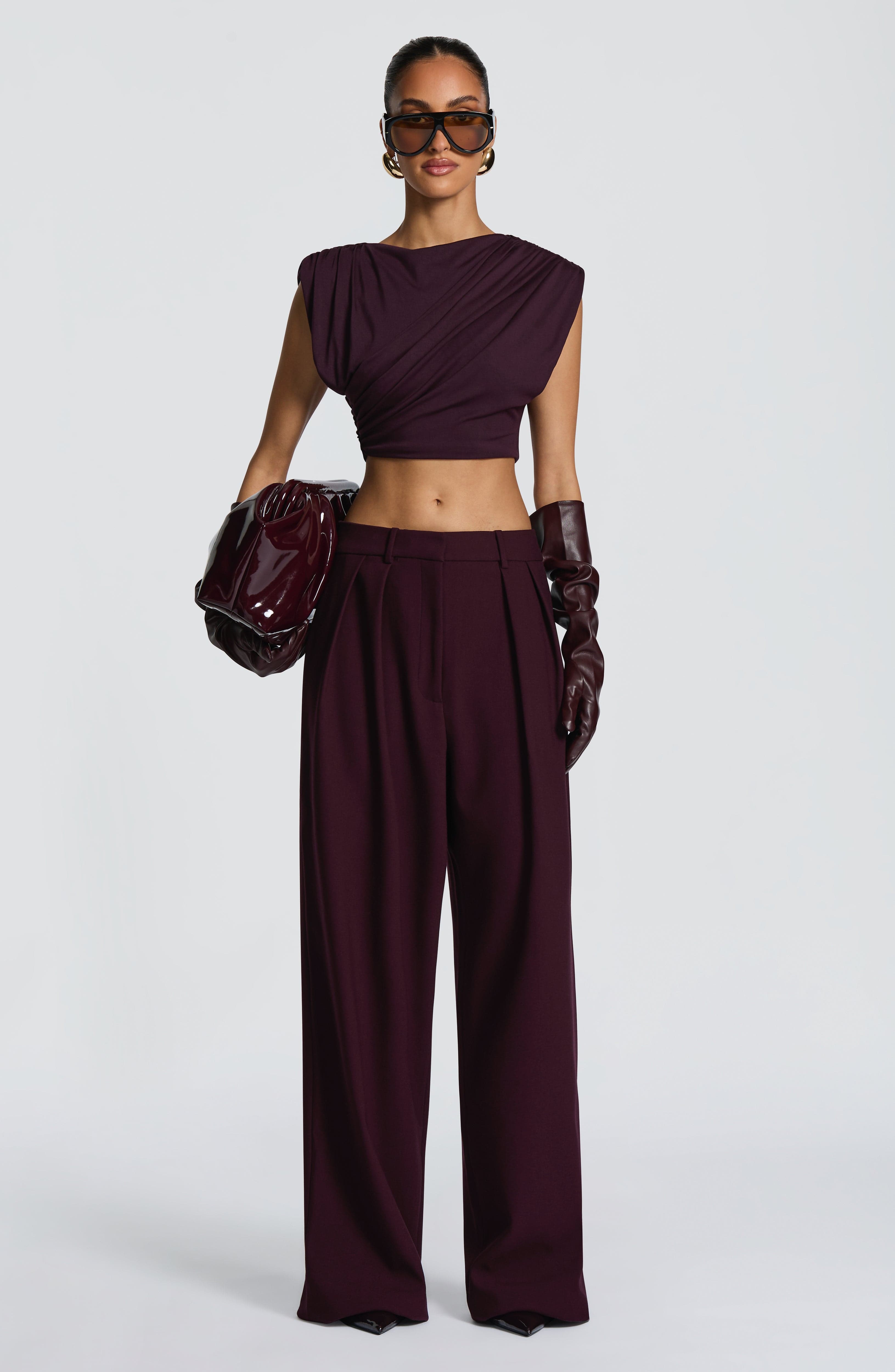 Kirsty - Plum pleated low-rise wide-leg trousers