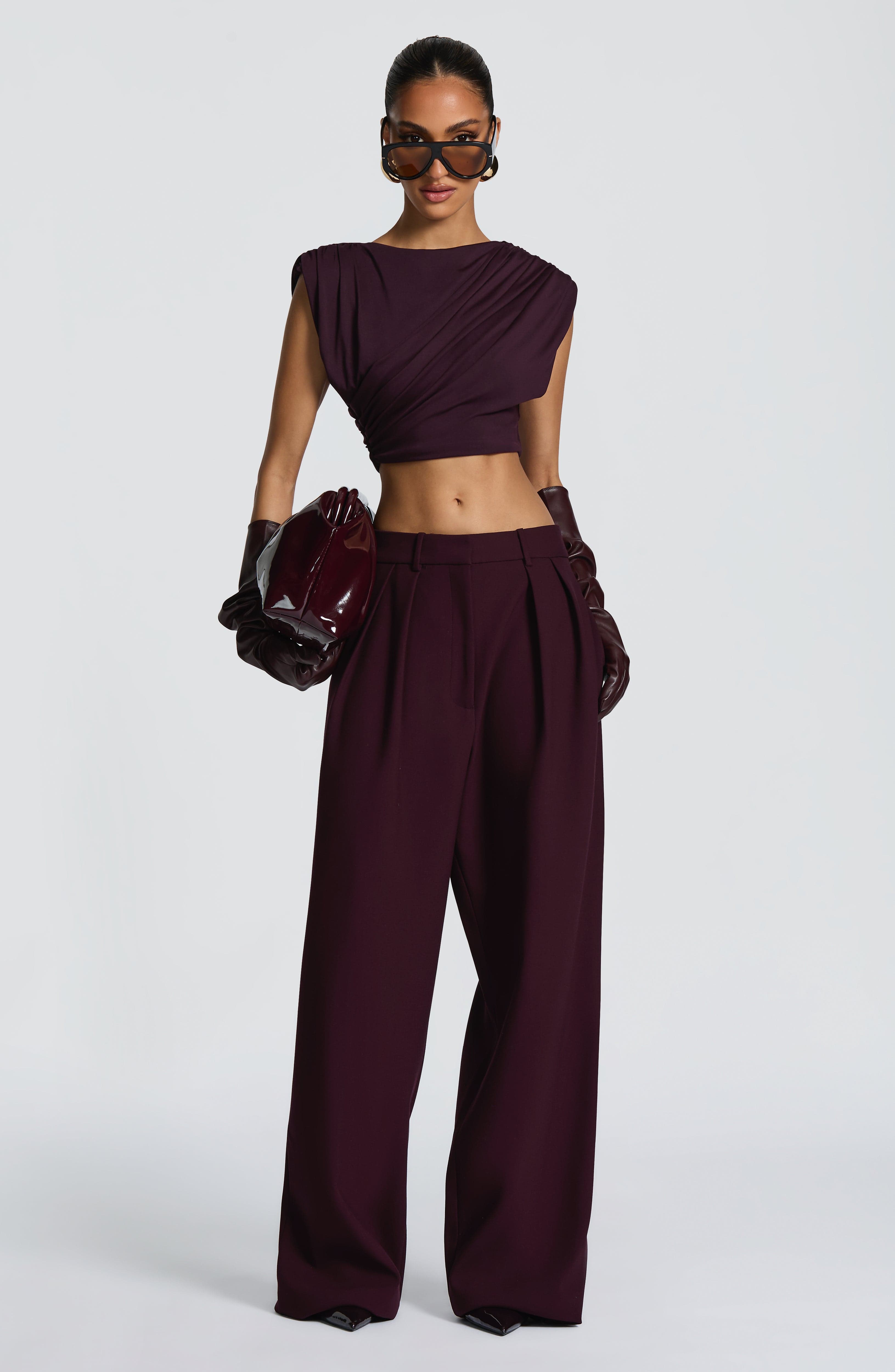 Kirsty - Plum pleated low-rise wide-leg trousers