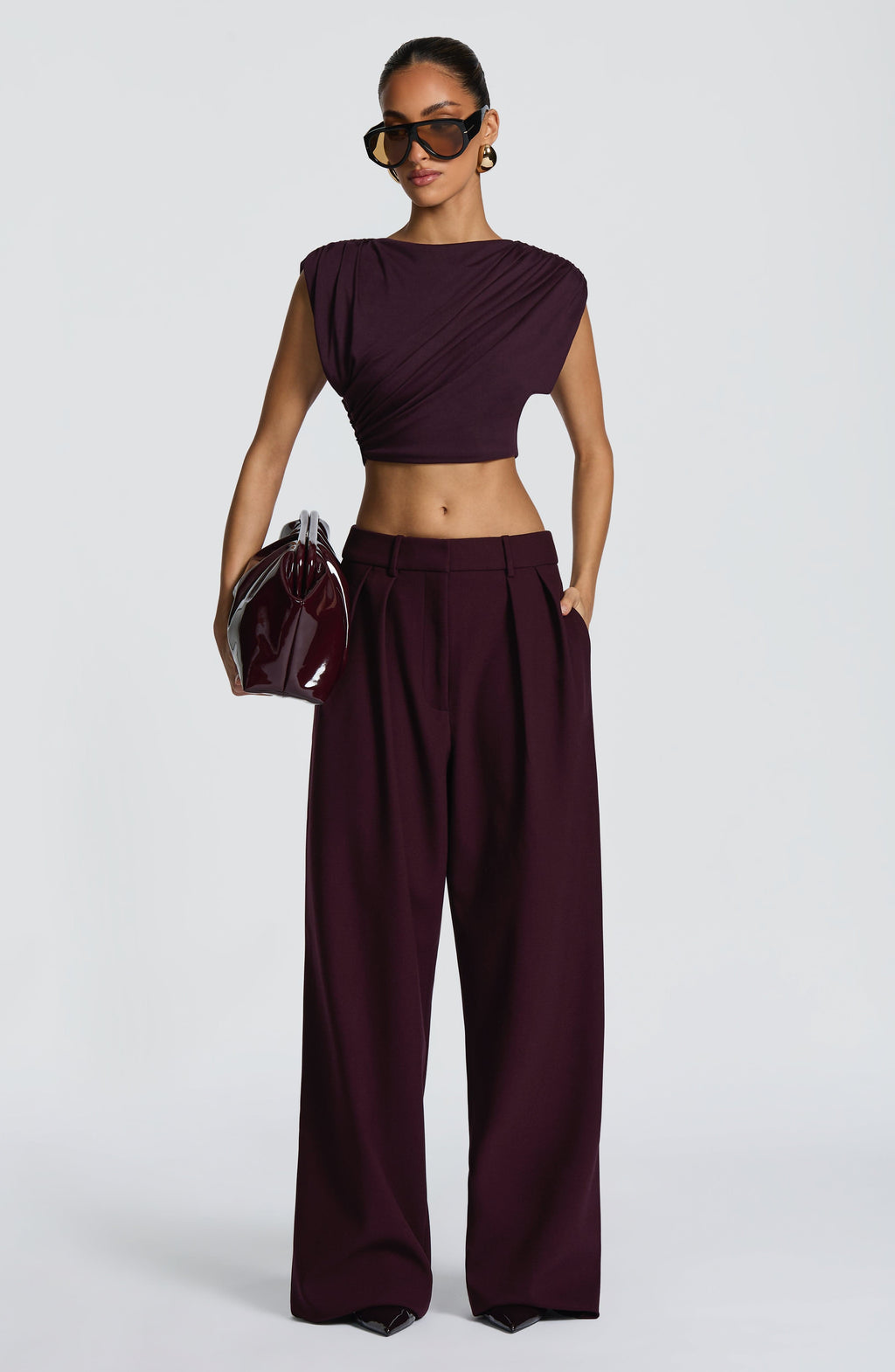 Kirsty - Plum pleated low-rise wide-leg trousers