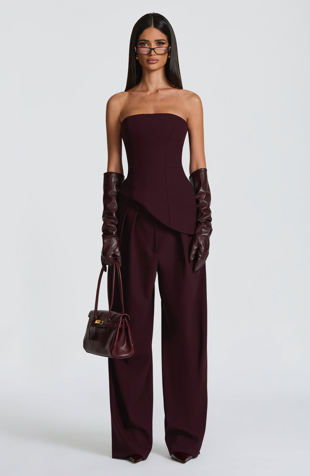 Kirsty - Plum pleated low-rise wide-leg trousers