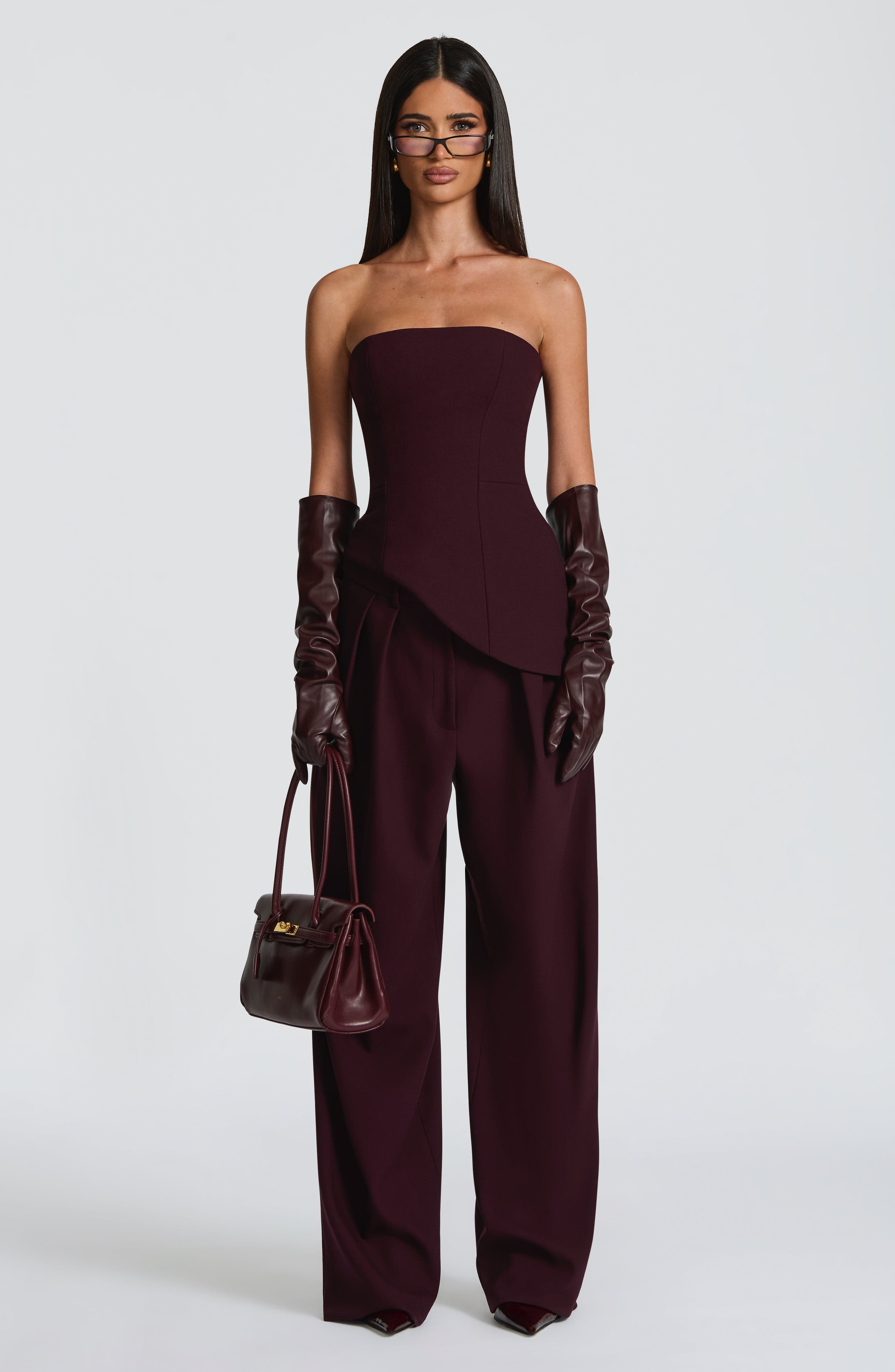 Kirsty - Plum pleated low-rise wide-leg trousers