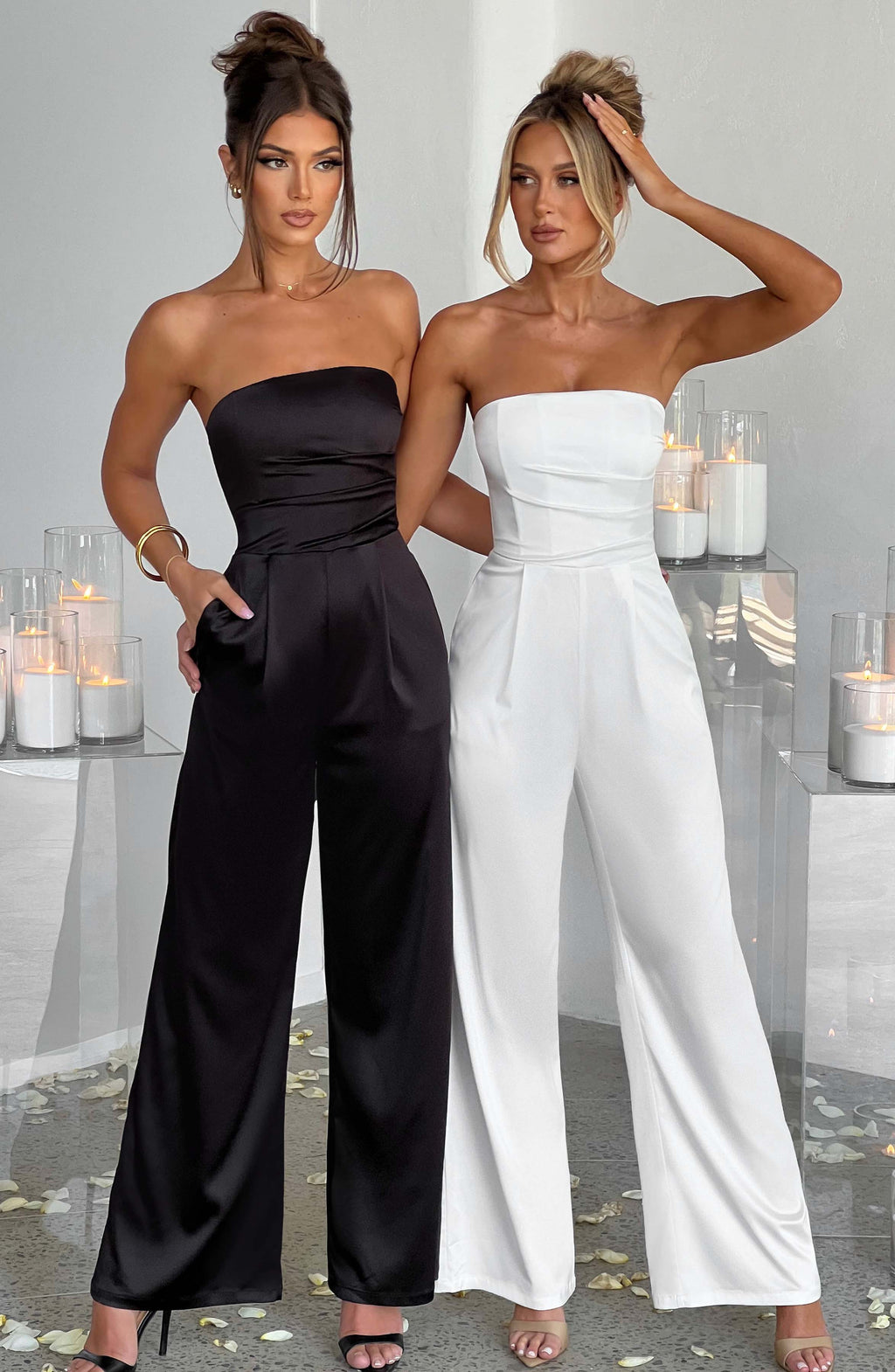 Martinez - Ivory satin strapless wide-leg jumpsuit