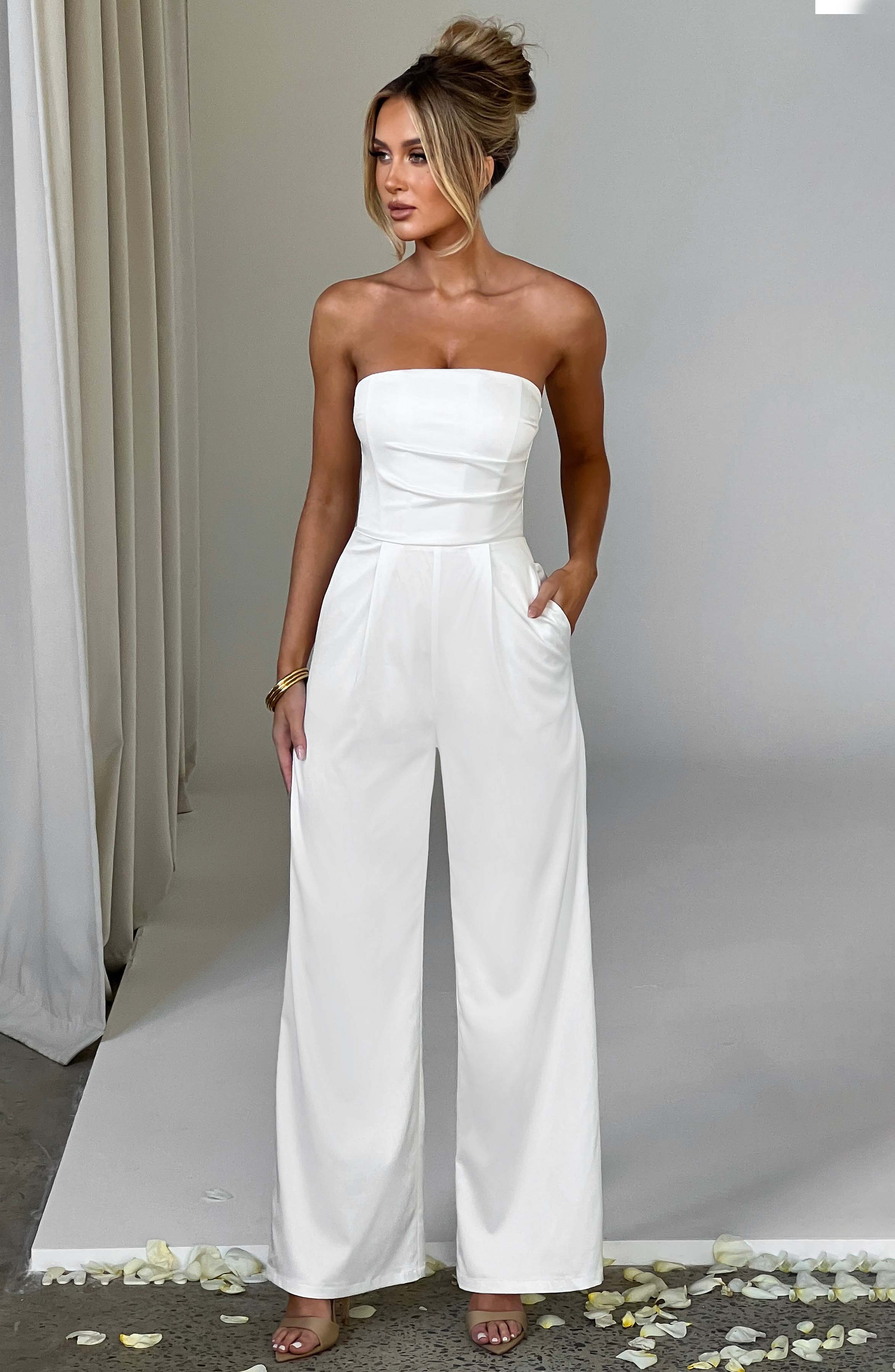 Martinez - Ivory satin strapless wide-leg jumpsuit