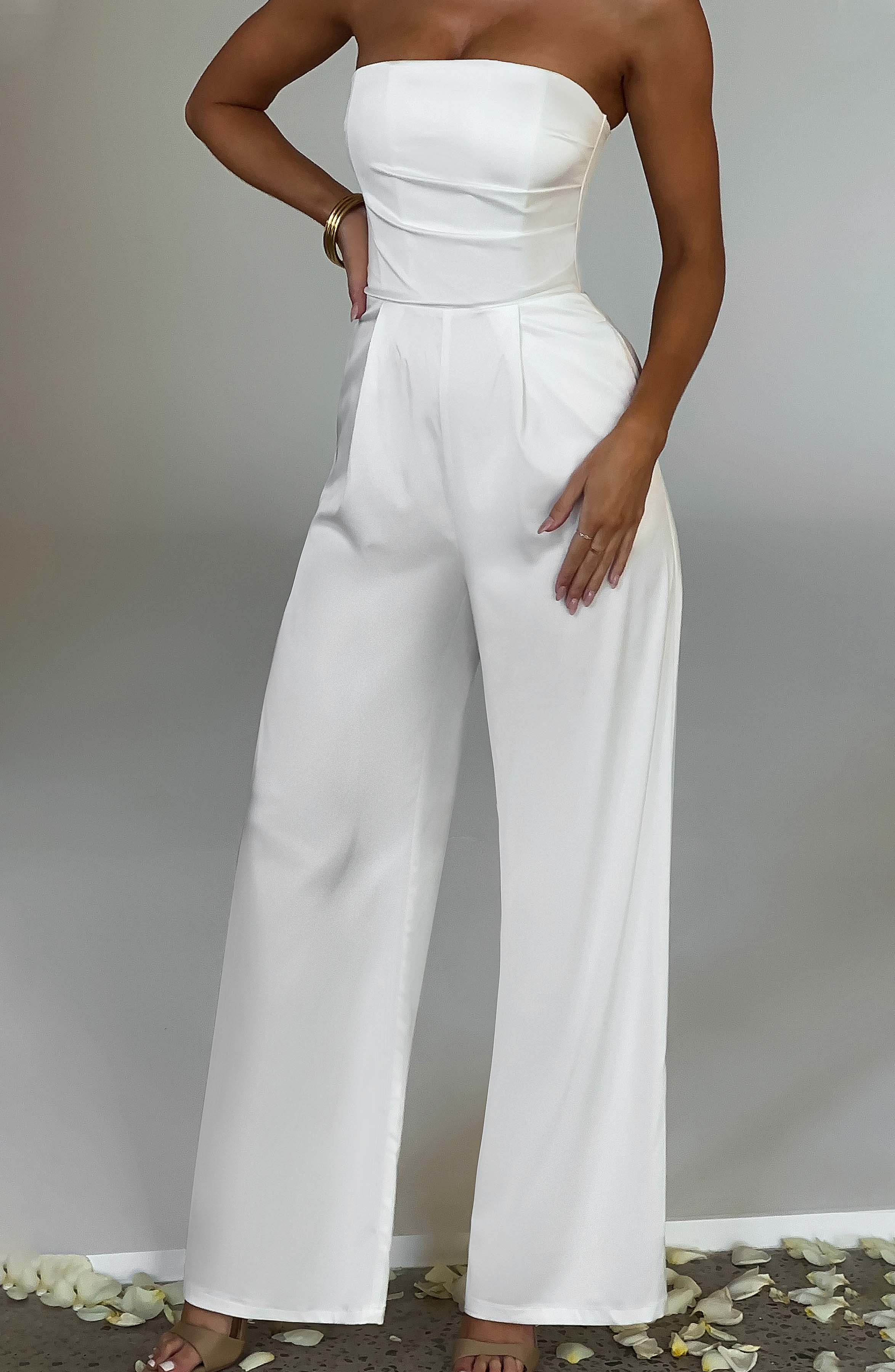 Martinez - Ivory satin strapless wide-leg jumpsuit
