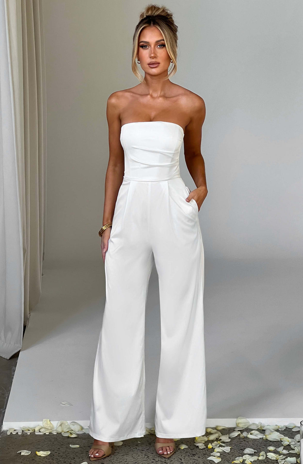 Martinez - Ivory satin strapless wide-leg jumpsuit