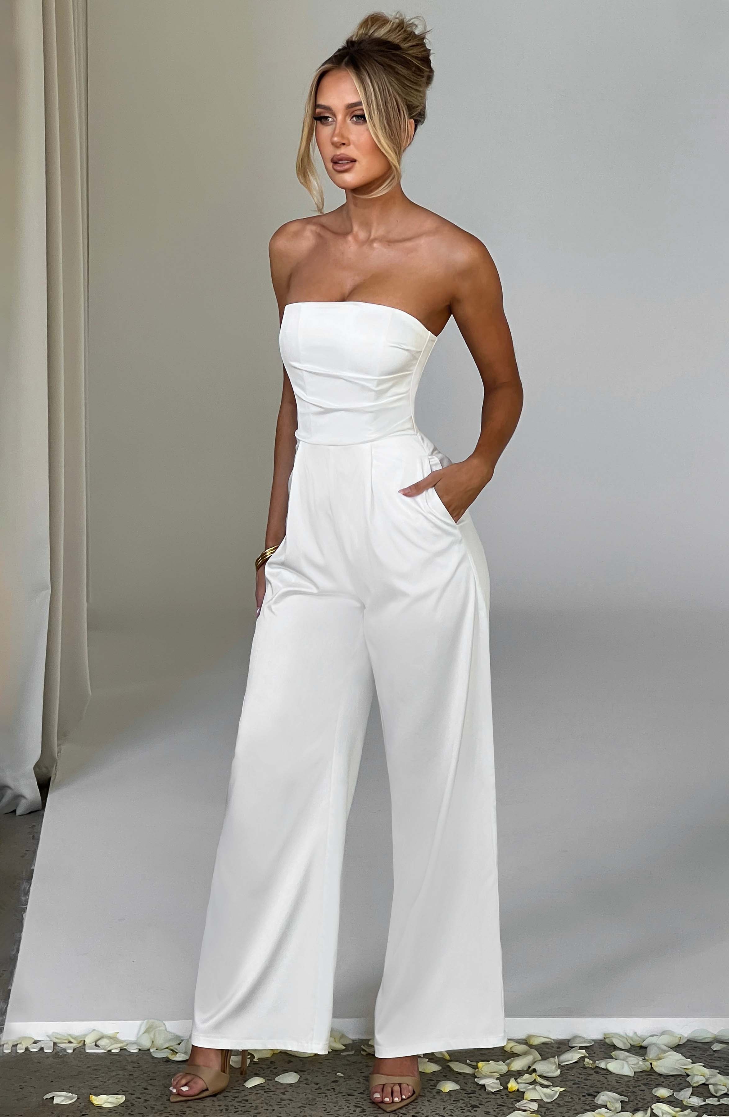 Martinez - Ivory satin strapless wide-leg jumpsuit
