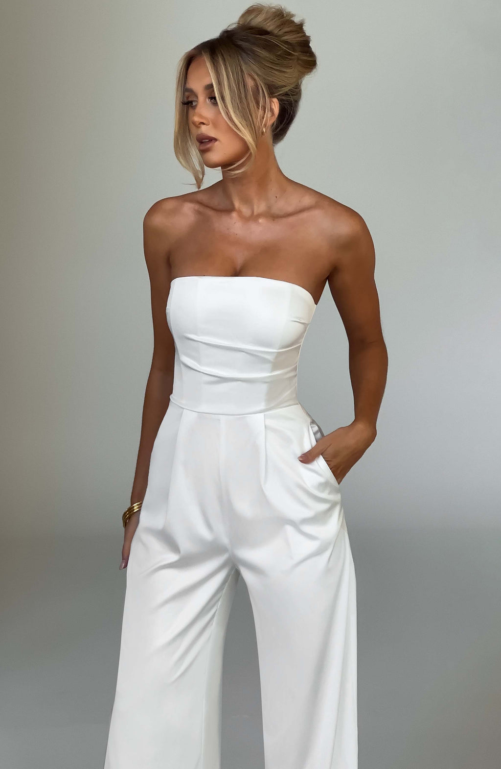 Martinez - Ivory satin strapless wide-leg jumpsuit