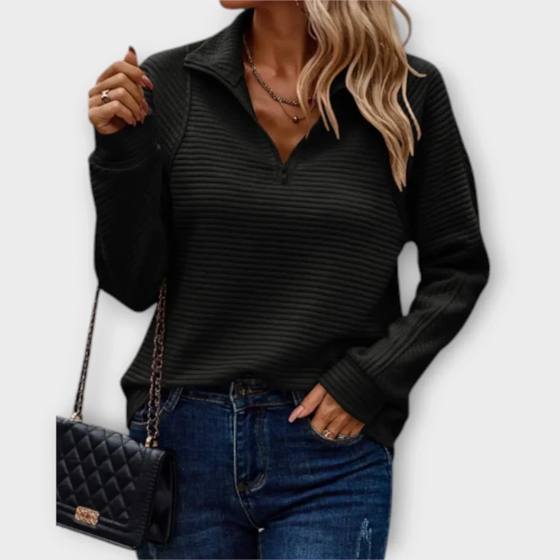 Janet - Ribbed texture half-zip funnel neck jumper