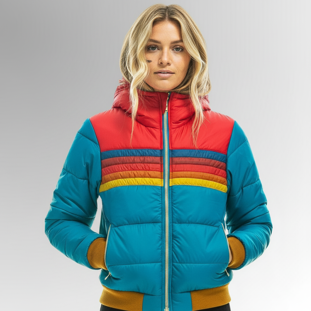 Freya - Colour block retro stripe puffer bomber jacket