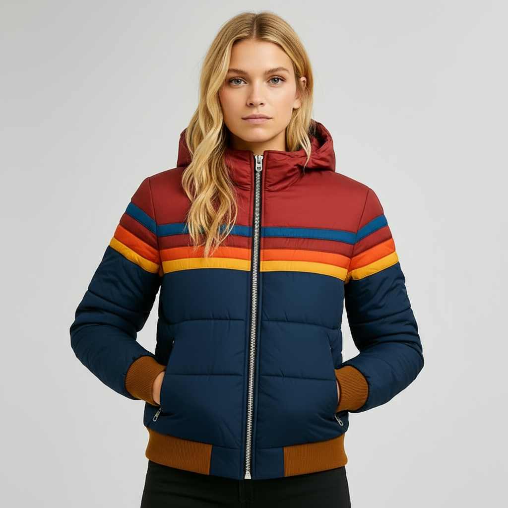 Freya - Colour block retro stripe puffer bomber jacket