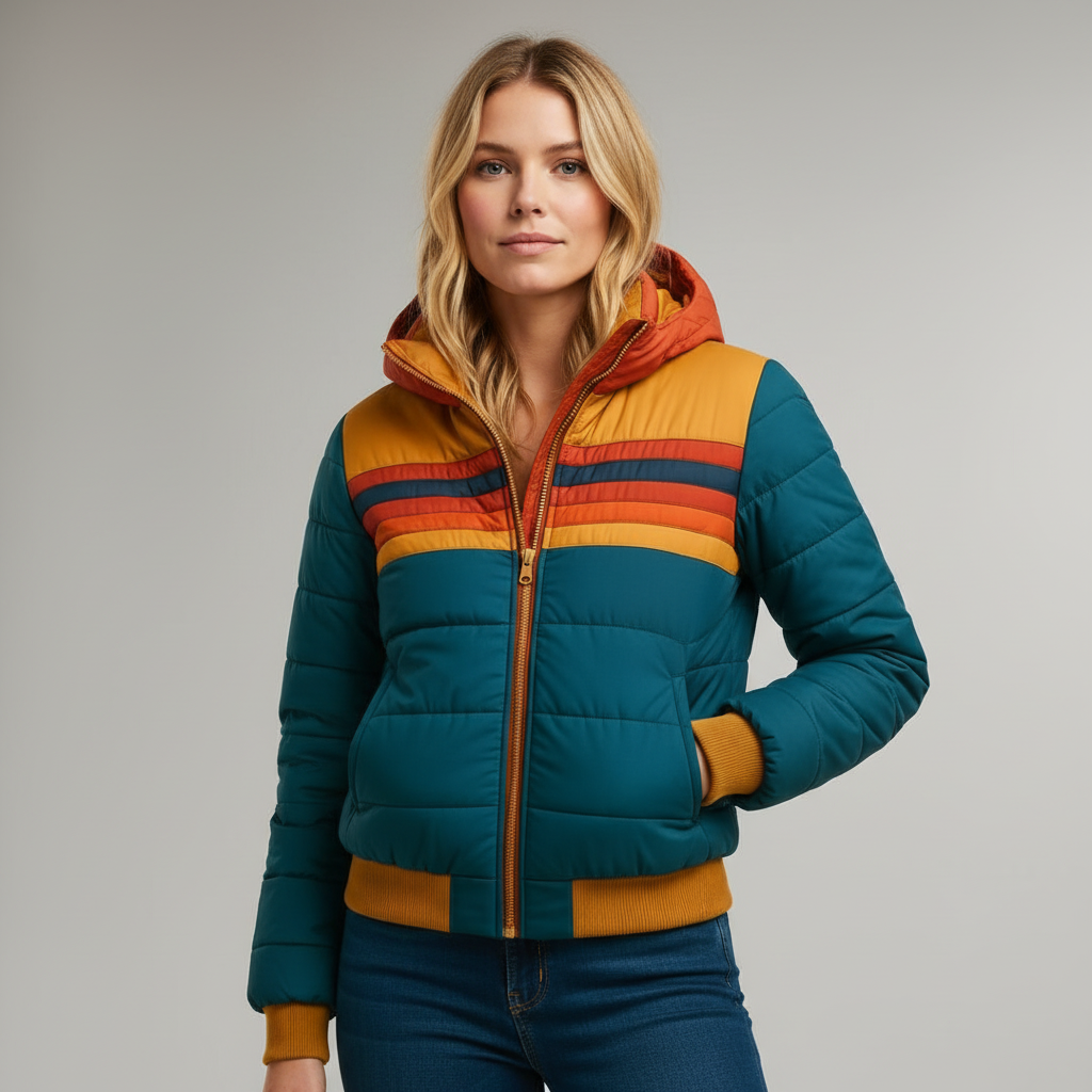 Freya - Colour block retro stripe puffer bomber jacket