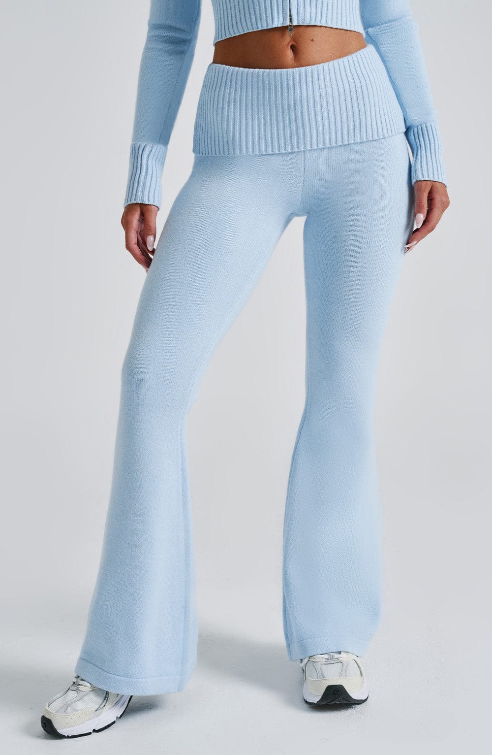 Portia - Soft knit baby blue co-ord set with zip hoodie & flared trousers