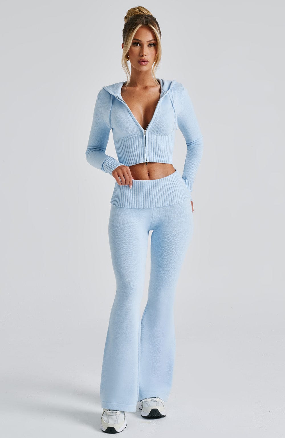 Portia - Soft knit baby blue co-ord set with zip hoodie & flared trousers