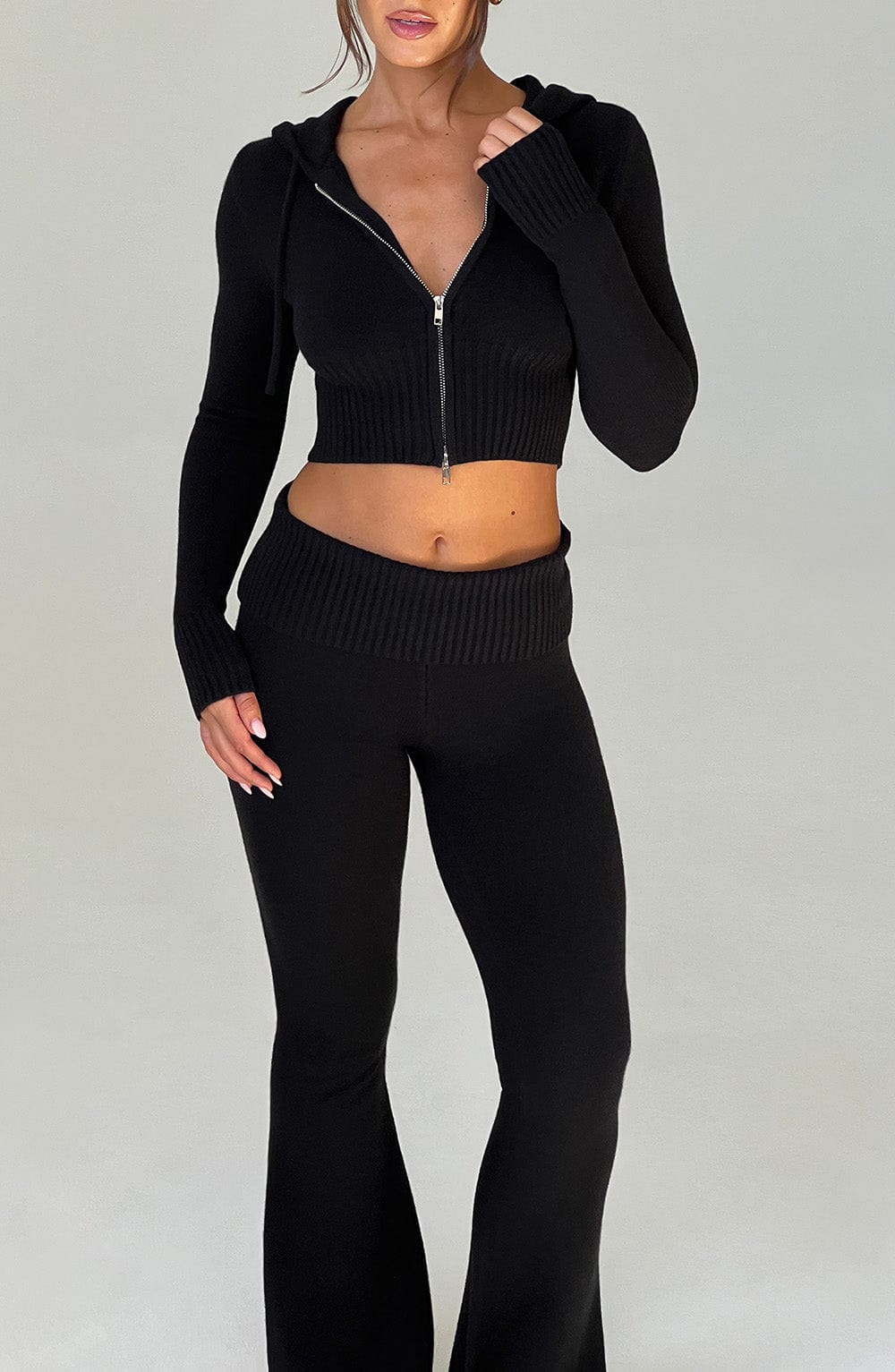 Portia - Soft knit black co-ord set with zip hoodie & flared trousers