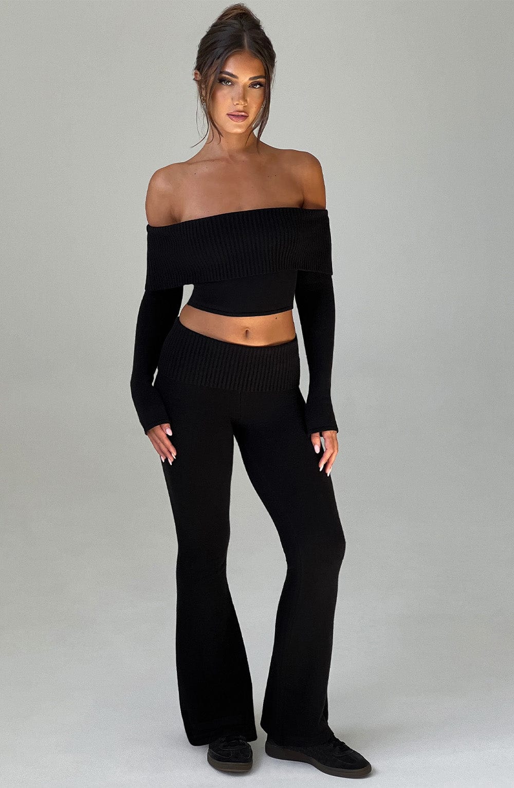 Portia - Soft knit black co-ord set with zip hoodie & flared trousers