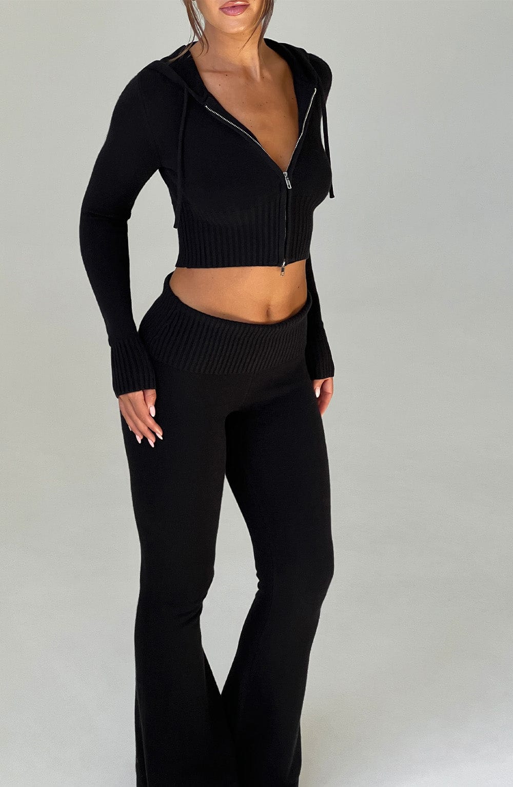 Portia - Soft knit black co-ord set with zip hoodie & flared trousers