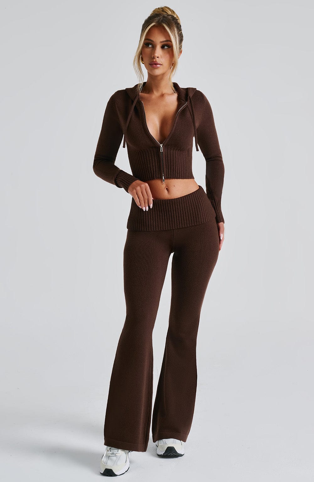 Portia - Soft knit chocolate co-ord set with zip hoodie & flared trousers