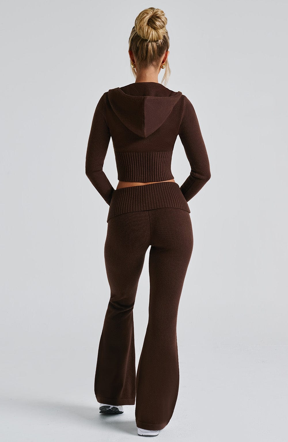 Portia - Soft knit chocolate co-ord set with zip hoodie & flared trousers
